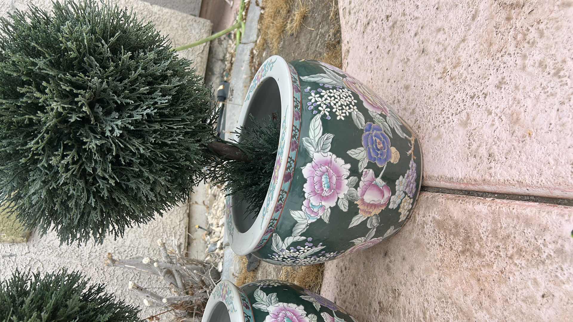 Photo 1 of 2 PORCELAIN POTS AND TWO FAUX PLANTS H37”