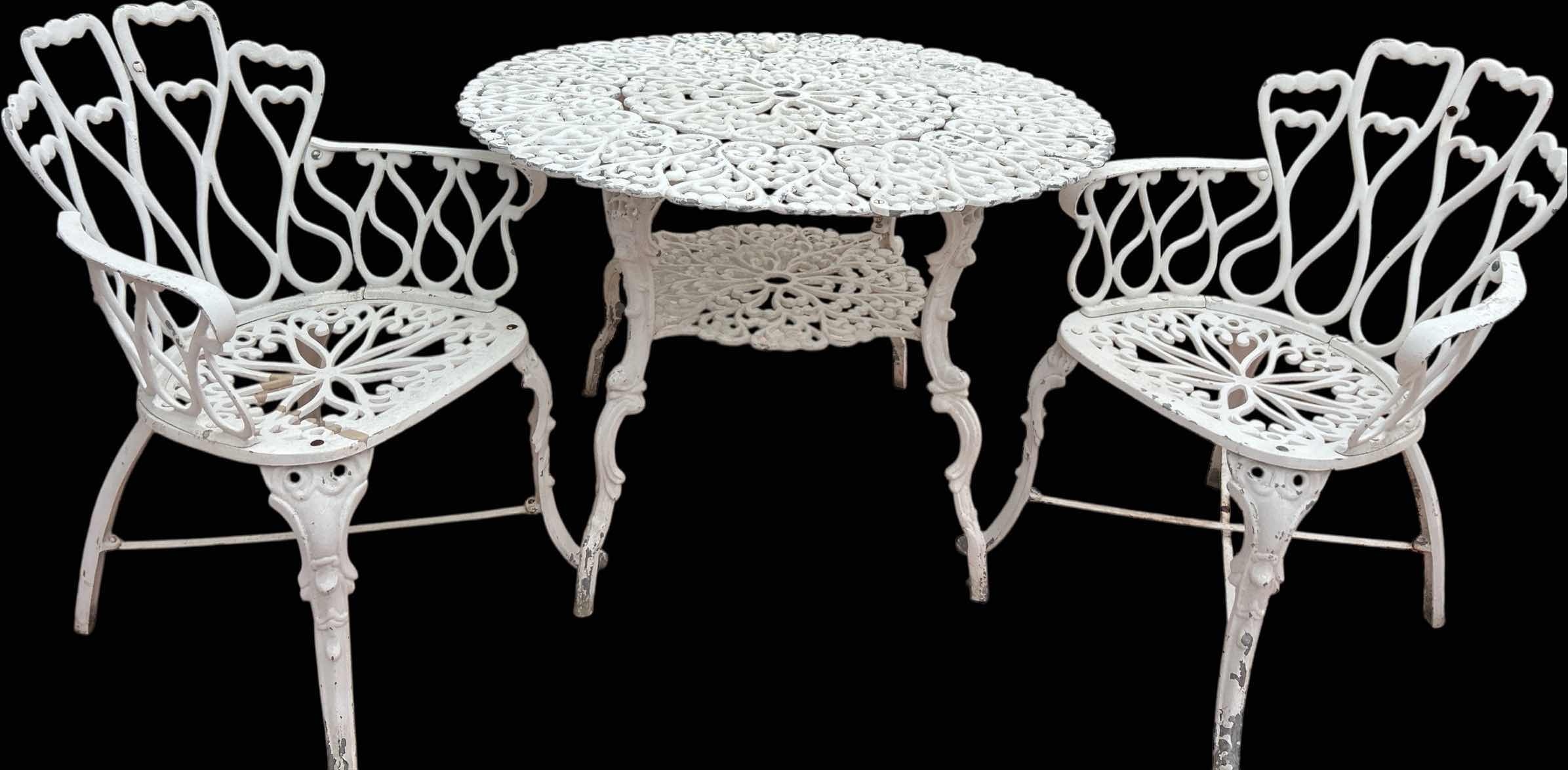 Photo 1 of HEAVY METAL TABLE 39“ x H27 1/2“AND 2 CHAIRS