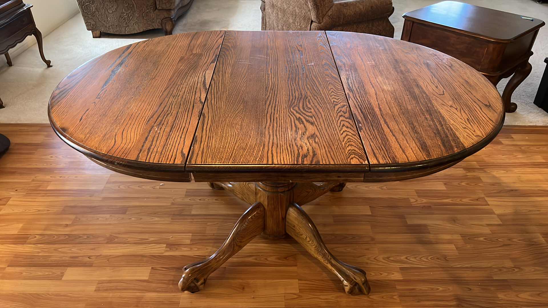 Photo 1 of OAK PEDESTAL DINING TABLE W ONE  INSERT (TOTAL SIZE W INSERT = 59” x 42”) MATCHING CHAIRS SOLD SEPARATELY