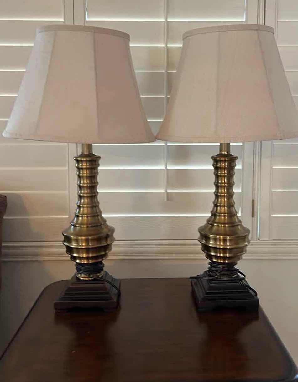 Photo 1 of 2-VINTAGE BRASS W WOOD TABLE LAMPS H33”
