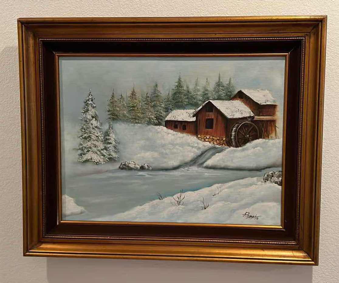 Photo 1 of 1978 GOLD FRAMED CUSTOM ARTIST SIGNED “CABIN IN THE SNOW” CANVAS OIL PAINTING 31” x 25”