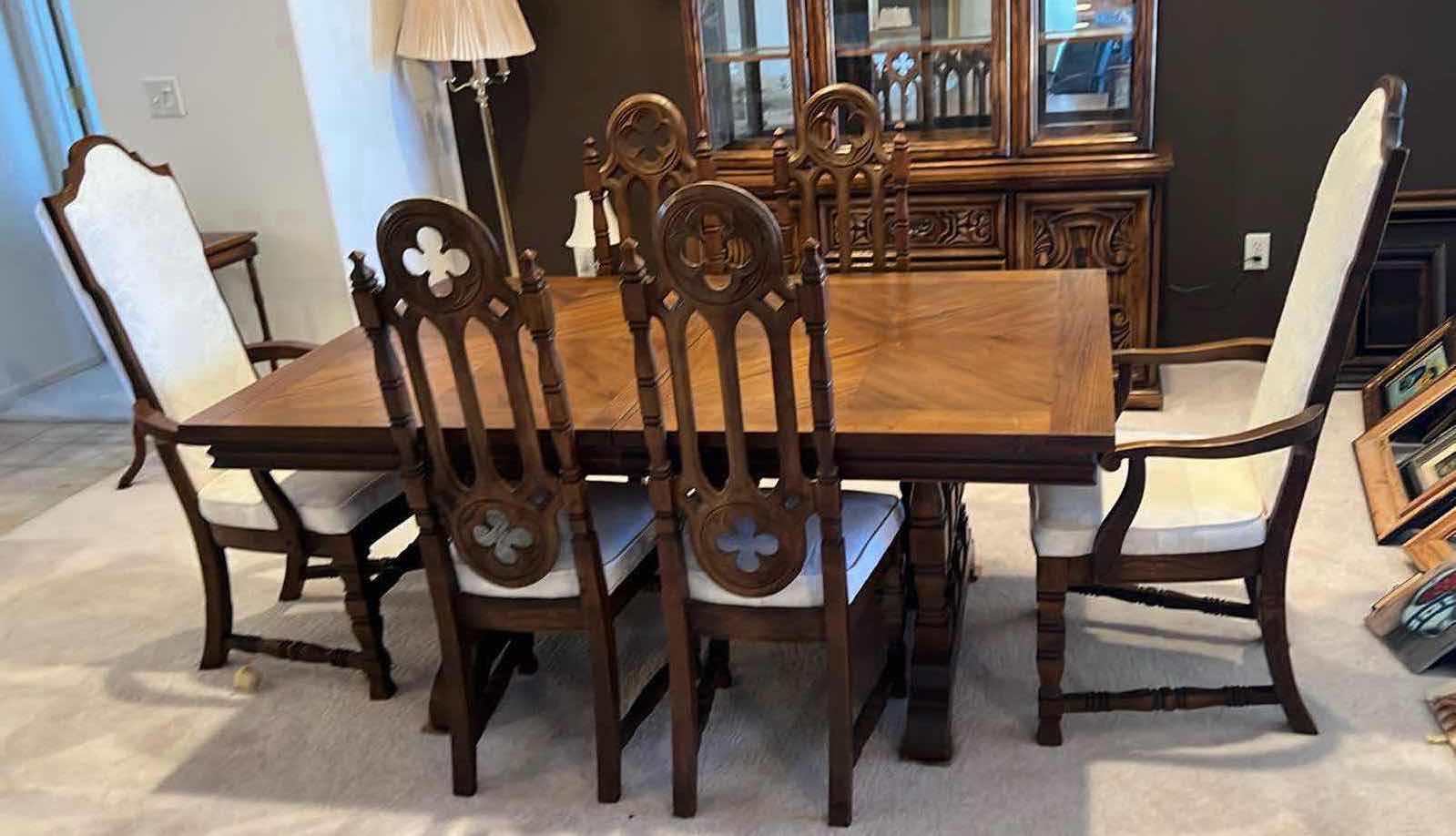 Photo 1 of VINTAGE FRENCH RENAISSANCE GOTHIC REVIVAL STYLE  DINING ROOM TABLE W HIGH BACK CHAIRS (2 ARM CHAIRS & 4 SIDE CHAIRS) 66” x 42” H29”