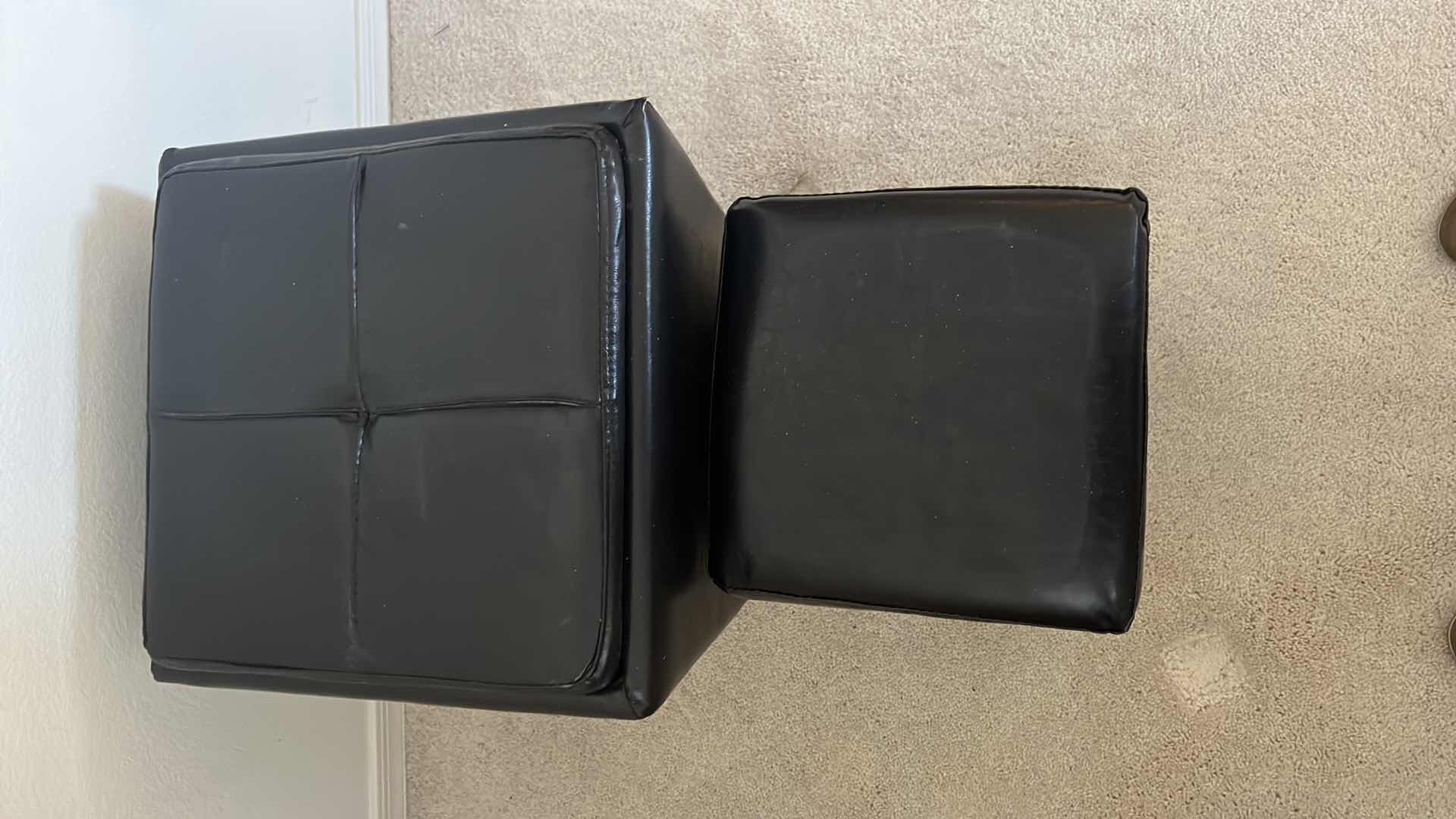 Photo 2 of 2 PCS- BLACK LEATHER STACKABLE OTTOMANS 16” x 16” H16”