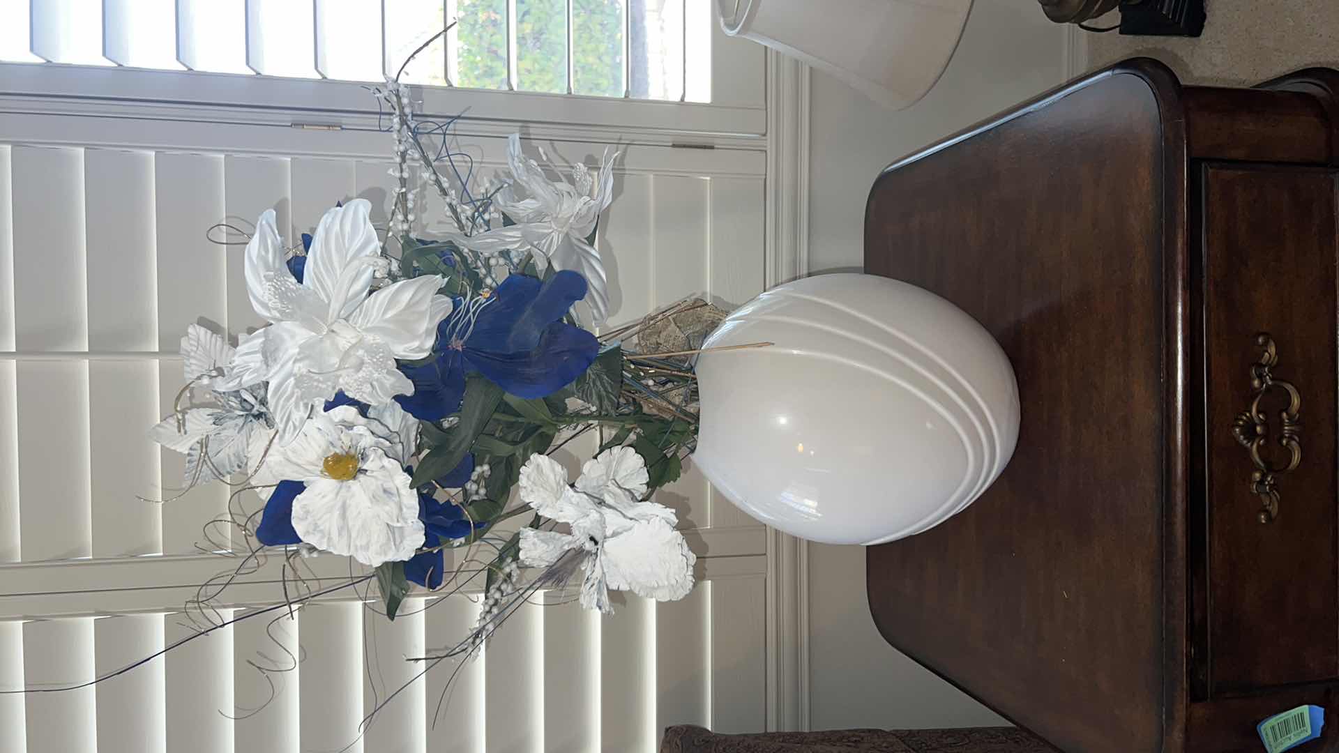 Photo 1 of WHITE VASE W BLUE & WHITE FAUX FLOWERS H36”