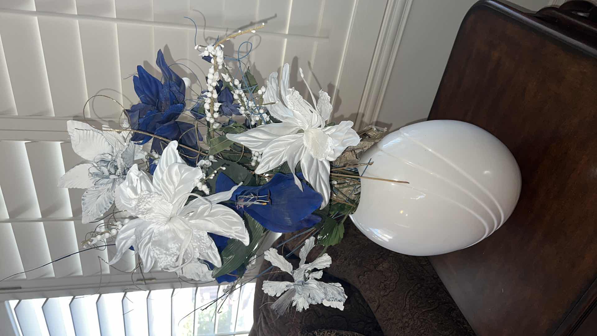 Photo 3 of WHITE VASE W BLUE & WHITE FAUX FLOWERS H36”