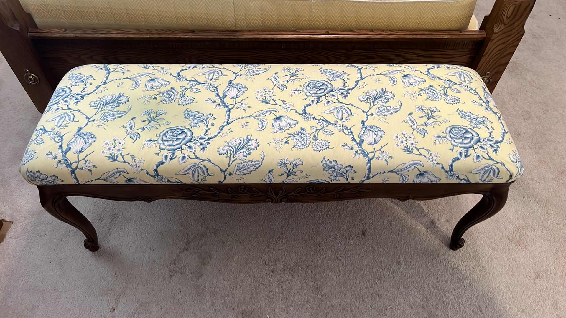 Photo 6 of VINTAGE WOOD BENCH W 4-DECORATIVE PILLOWS & MATCHING WALL MIRROR-BLUE W YELLOW FLIRAL PRINT