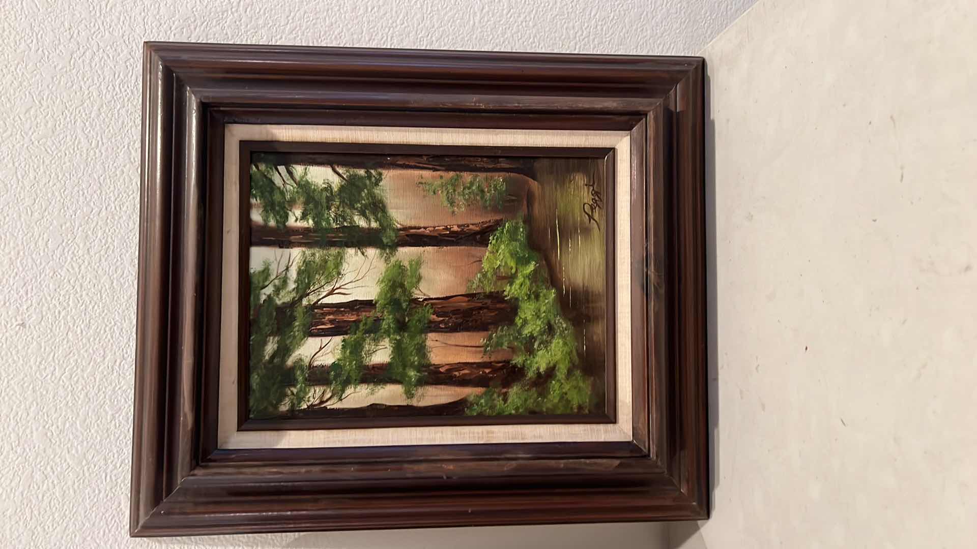 Photo 2 of 2-WOOD FRAMED CANVAS “CABIN & WOODED TREES” OIL PAINTINGS-ARTIST SIGNED (16” x 19” & 14” x 16”)