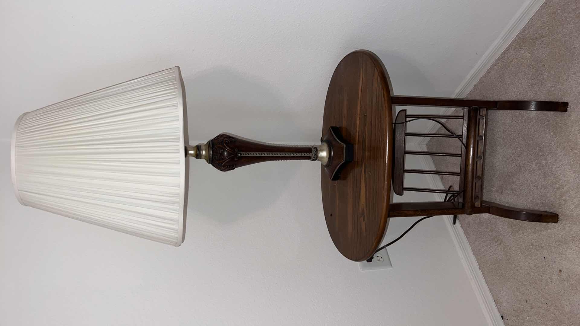 Photo 1 of WOOD MAGAZINE TABLE W VINTAGE TABLE LAMP H32”  (TABLE 23” x 15” H23”)