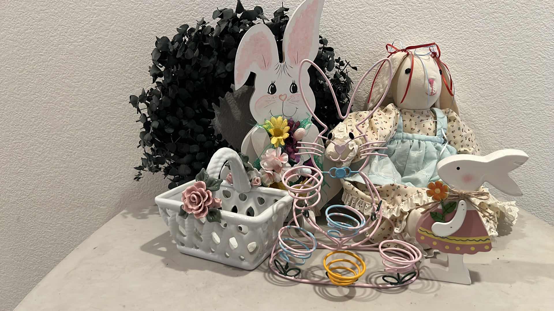 Photo 1 of EASTER BUNNIES W WREATH & CERAMIC BASKET