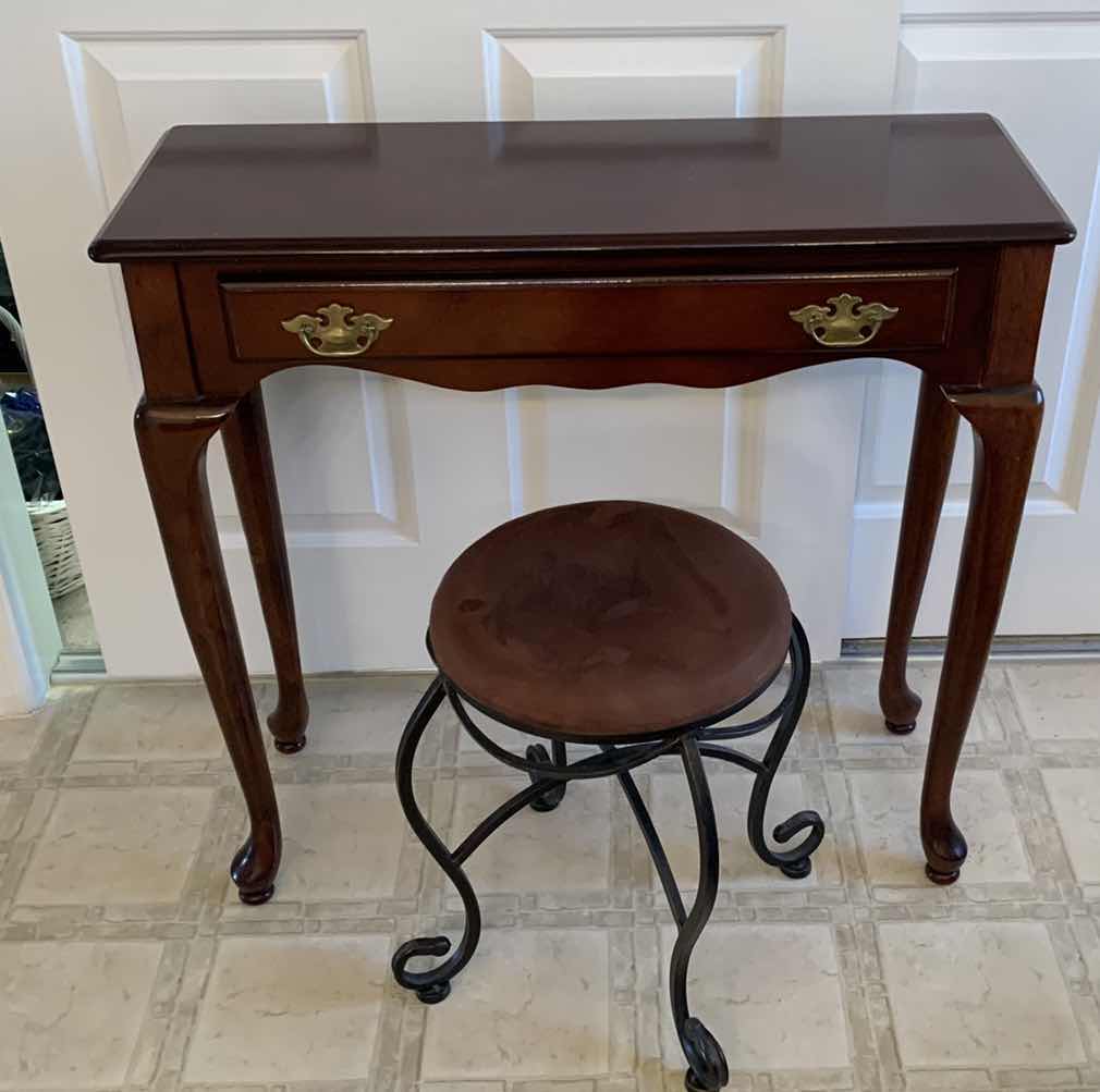 Photo 1 of VINTAGE CHERRY CONSOLE TABLE & ROUND WROUGHT IRON STOOL 31” X 12” H 30”