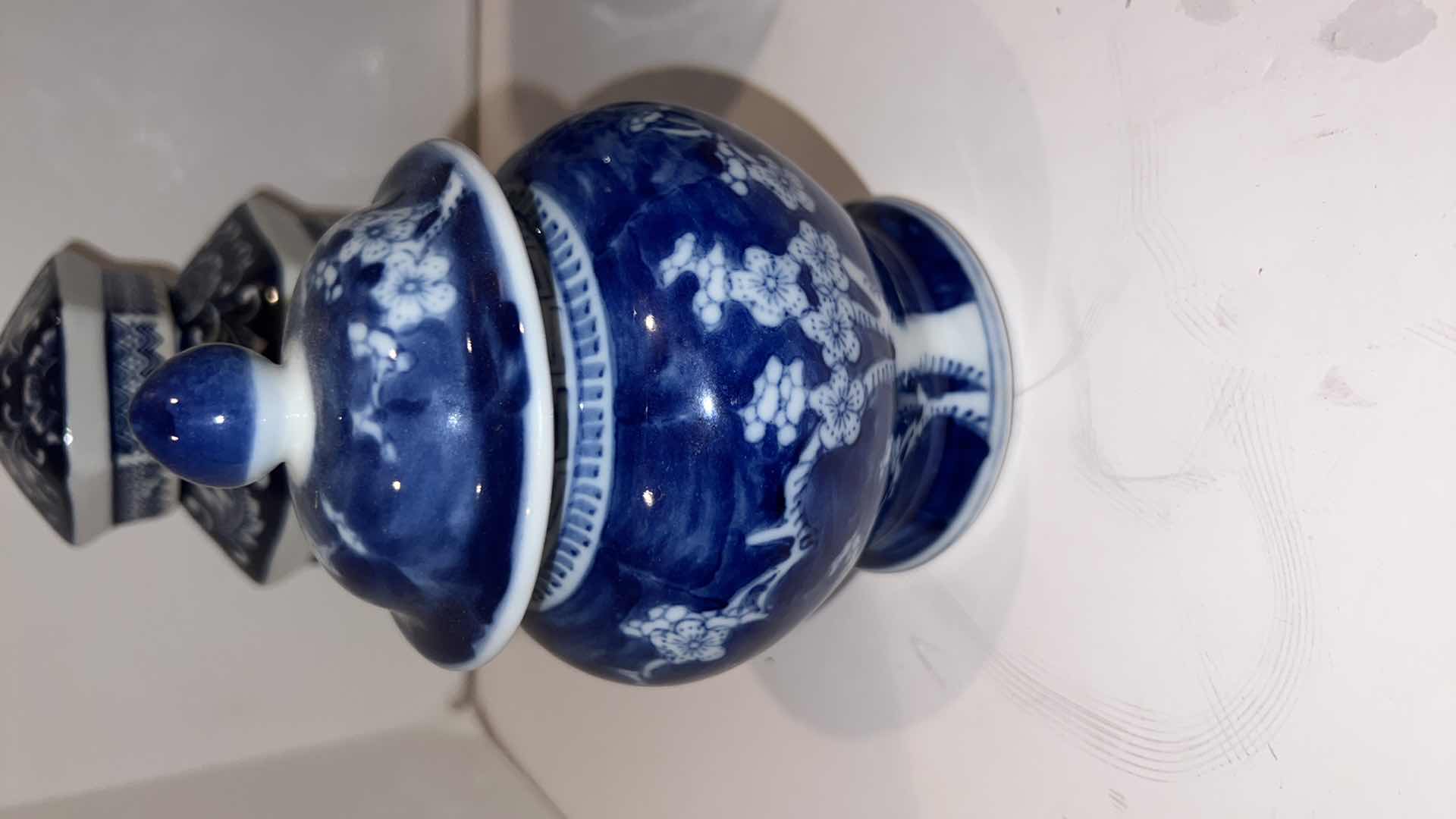 Photo 5 of 4-BLUE & WHITE LIDDED JARS (TALLEST HEIGHT 12”)