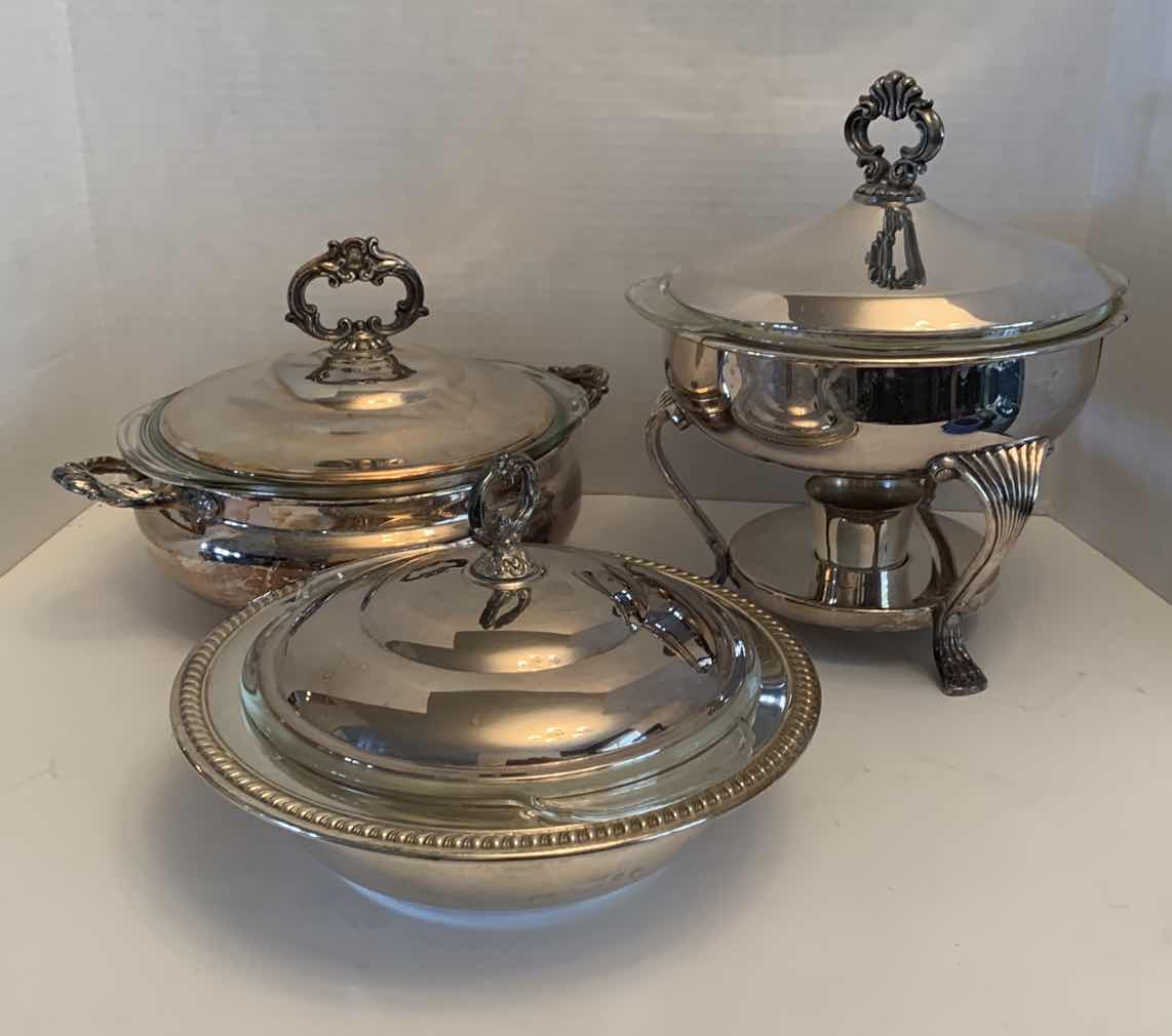 Photo 1 of THREE SILVER PLATED SERVING SETS WITH GLASS BOWLS