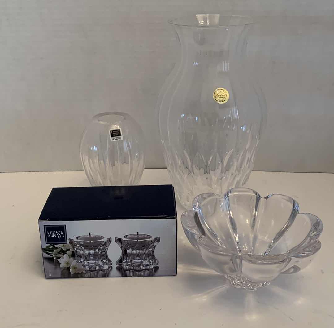 Photo 1 of 3PCS-CRYSTAL VASES/BOWL, MIKASA CANDLEHOLDER SET