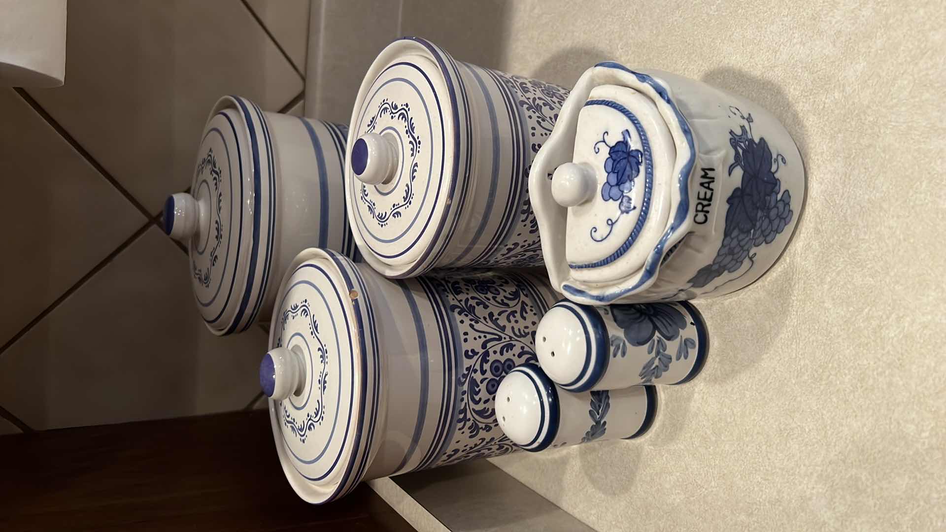 Photo 1 of 6PCS- BLUE & WHITE CERAMIC CANISTER SET, SALT & PEPPER SHAKER, CREAMER