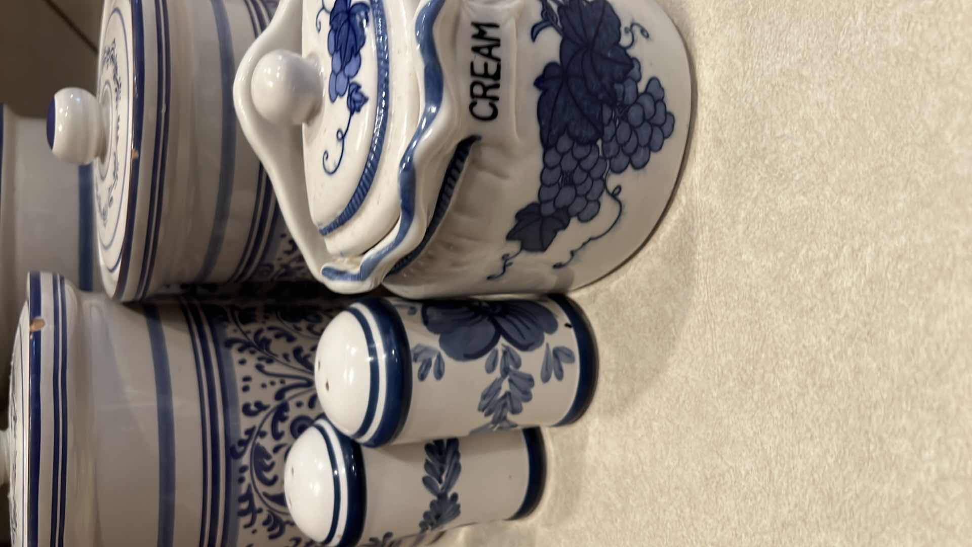 Photo 2 of 6PCS- BLUE & WHITE CERAMIC CANISTER SET, SALT & PEPPER SHAKER, CREAMER