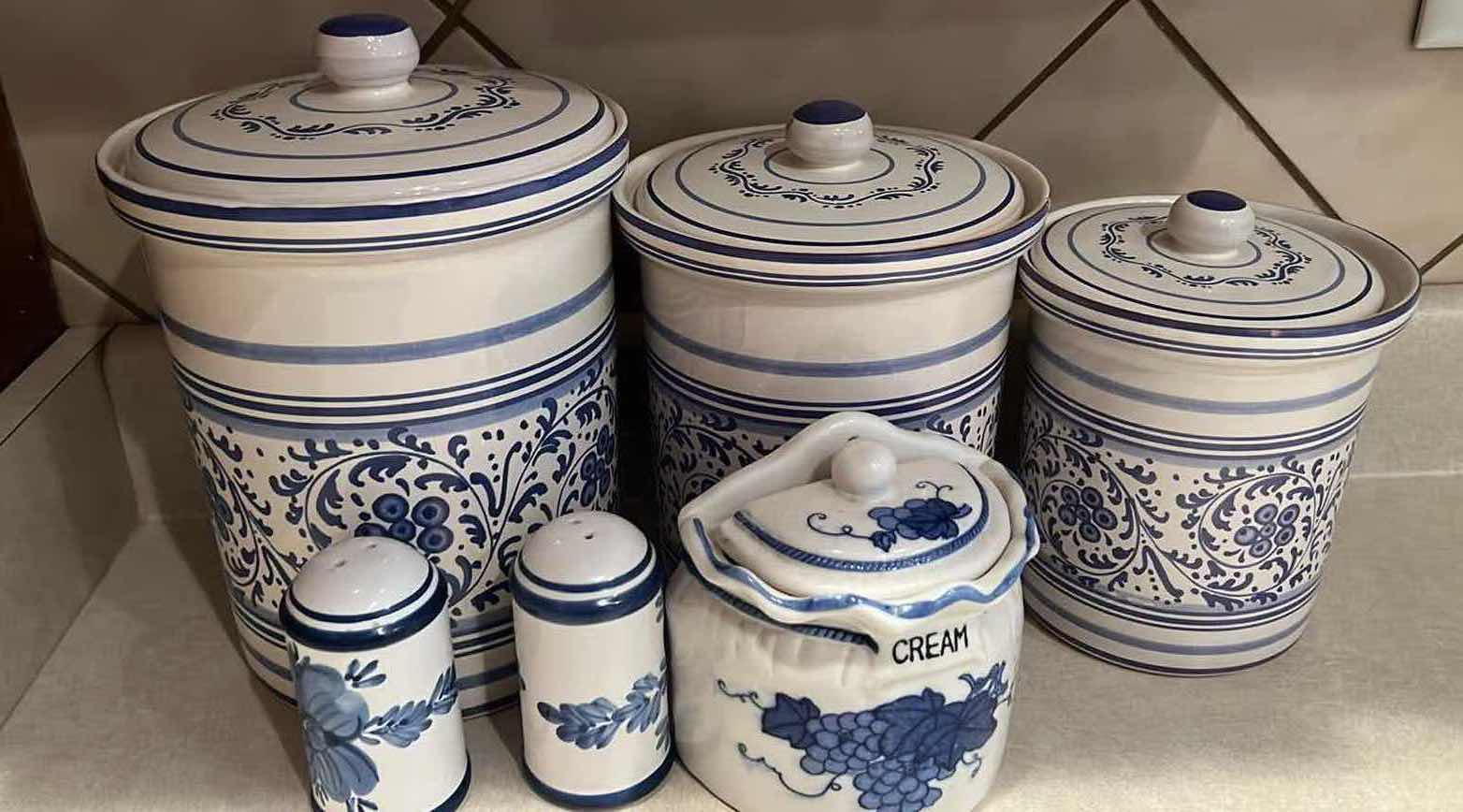 Photo 7 of 6PCS- BLUE & WHITE CERAMIC CANISTER SET, SALT & PEPPER SHAKER, CREAMER