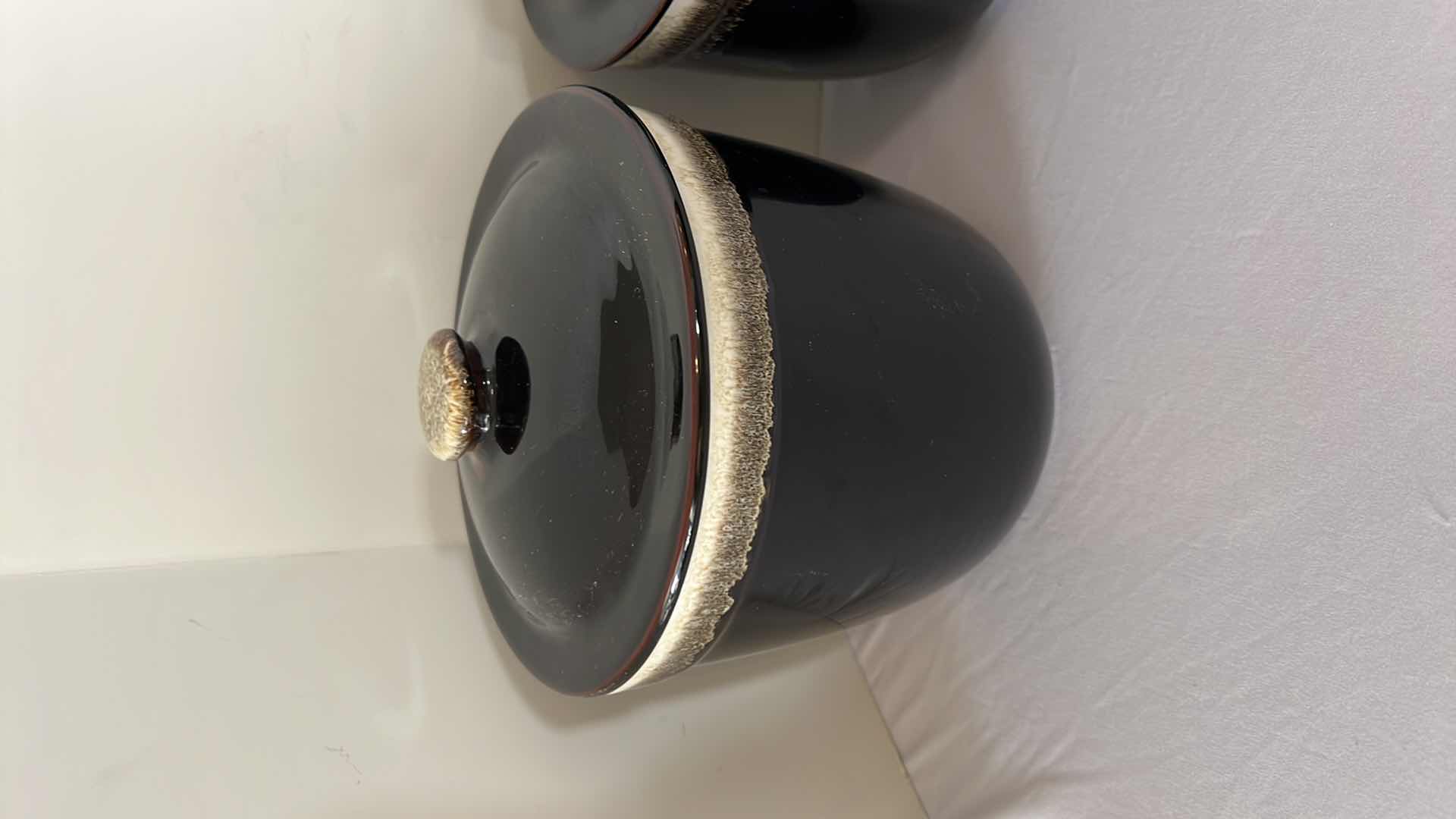 Photo 2 of SET OF 3-VINTAGE PFALTZGRAFF GOURMET BROWN DRIP GLAZE CANISTER SET W LIDS (7", 6" 5" ROUND)