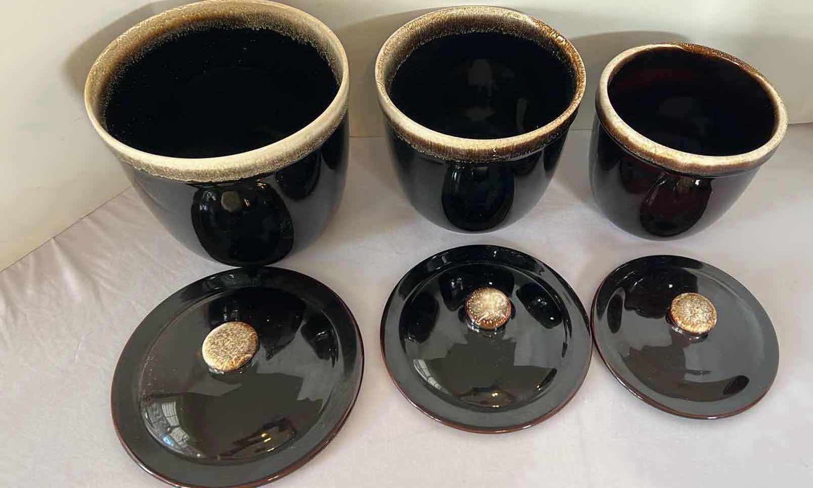 Photo 5 of SET OF 3-VINTAGE PFALTZGRAFF GOURMET BROWN DRIP GLAZE CANISTER SET W LIDS (7", 6" 5" ROUND)