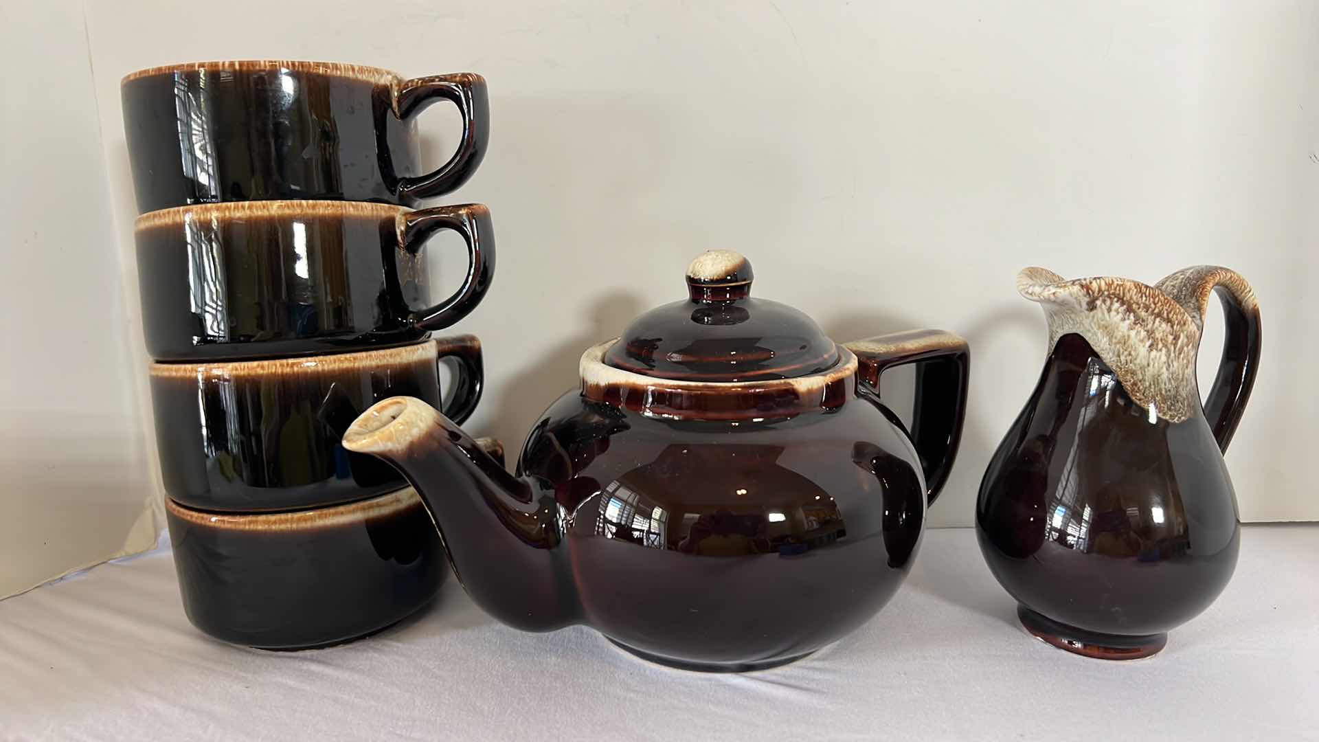 Photo 1 of 7 PCS-VINTAGE PFALTZGRAFF GOURMET BROWN DRIP GLAZE TEAPOT W LID, CREAMER & 4-COFFE CUPS