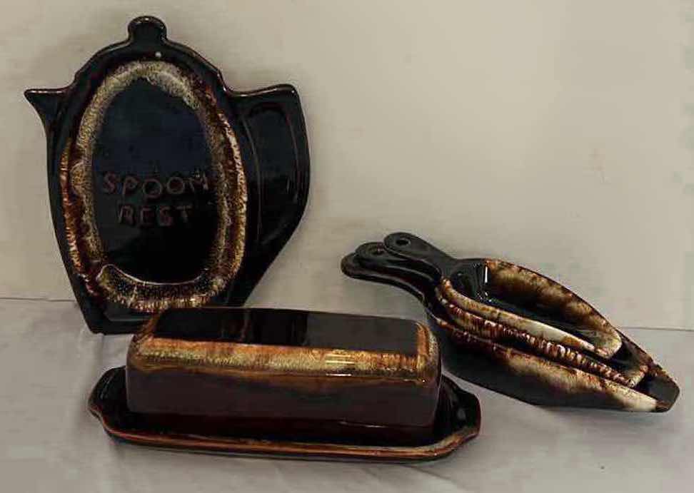 Photo 1 of 6PCS-VINTAGE PFALTZGRAFF GOURMET BROWN DRIP GLAZE BUTTER DISH, MEASURING SPOONS & SPOON REST