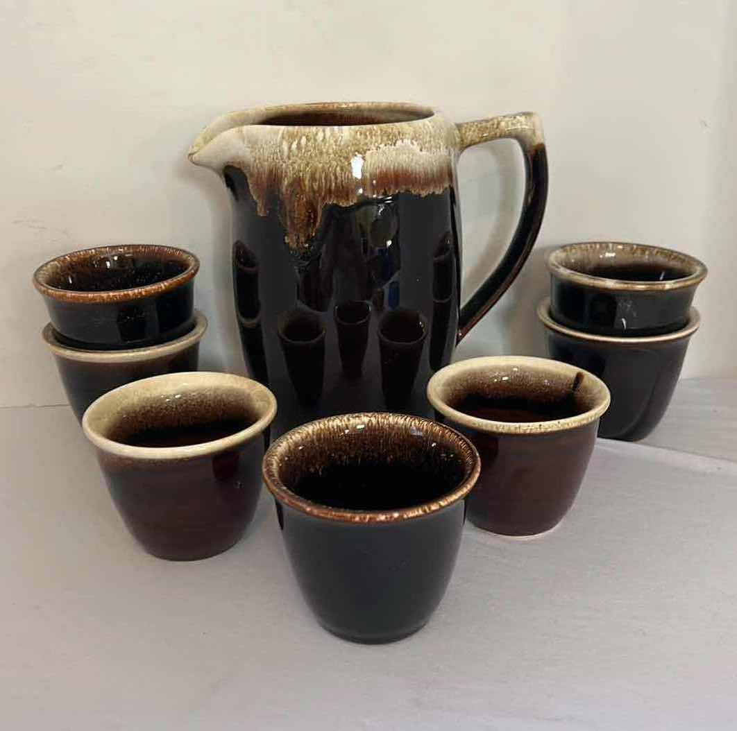 Photo 1 of VINTAGE PFALTZGRAFF GOURMET BROWN DRIP GLAZE WATER PITCHER &  7-CUPS H3"