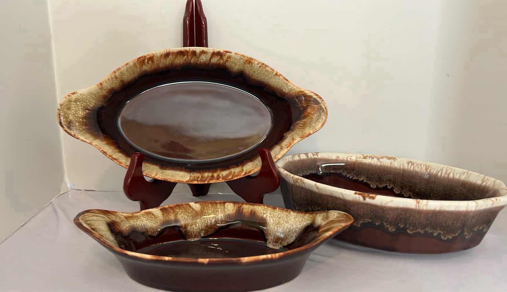 Photo 1 of 3-VINTAGE GOURMET BROWN DRIP GLAZE STONEWARE SERVING CASSEROLE DISHES (W12" & W9")