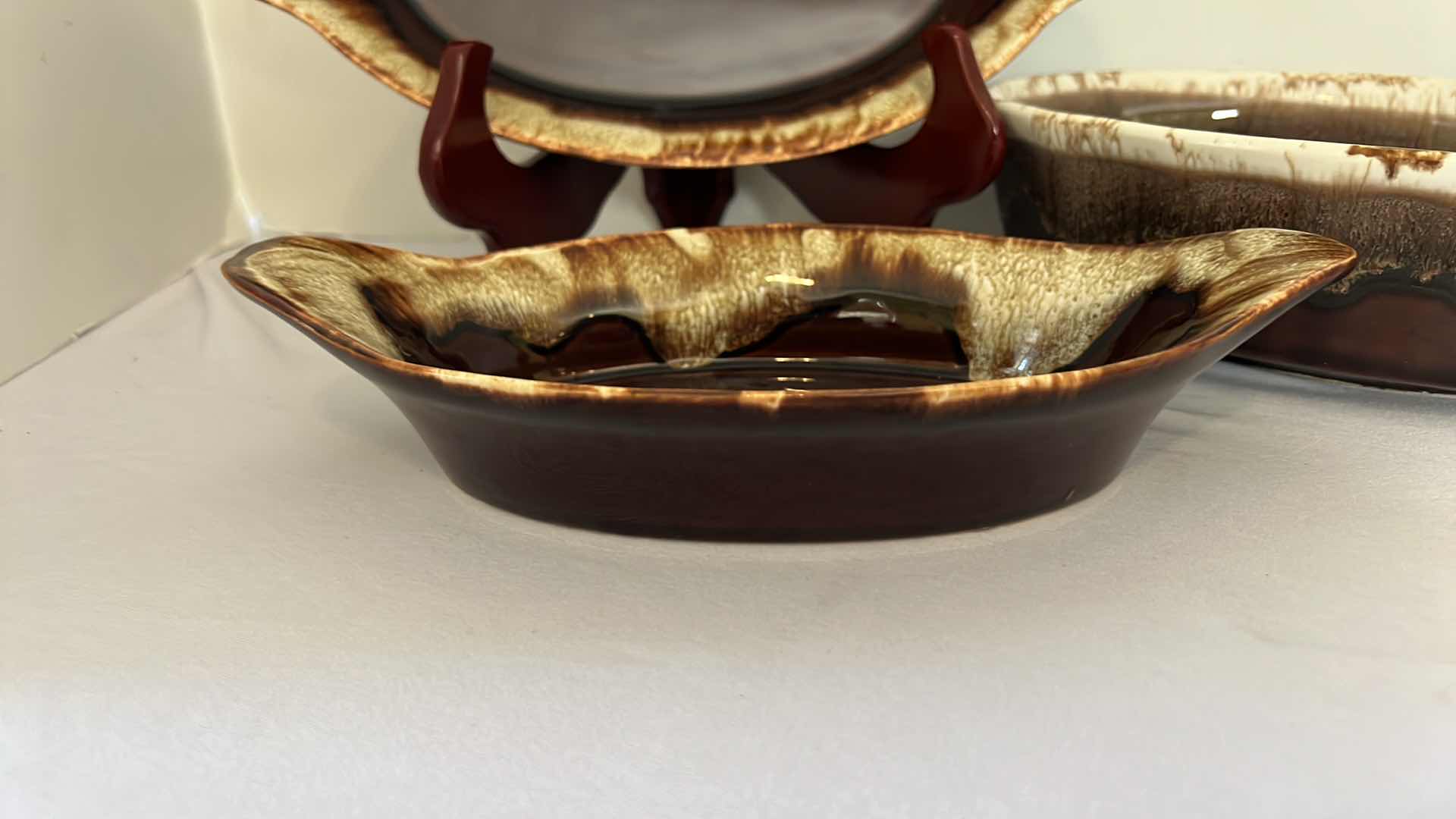 Photo 3 of 3-VINTAGE GOURMET BROWN DRIP GLAZE STONEWARE SERVING CASSEROLE DISHES (W12" & W9")