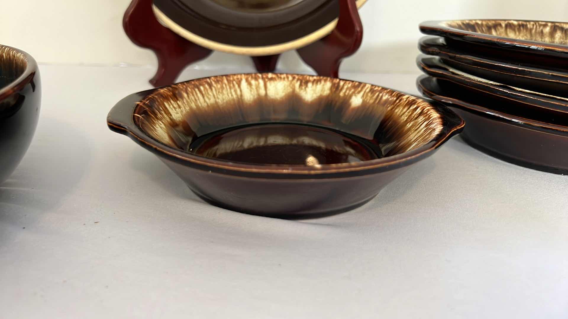 Photo 4 of 7-VINTAGE STONEWARE GOURMET BROWN DRIP GLAZE PIE PLATE, SERVING BOWL & 5-CEREAL BOWLS