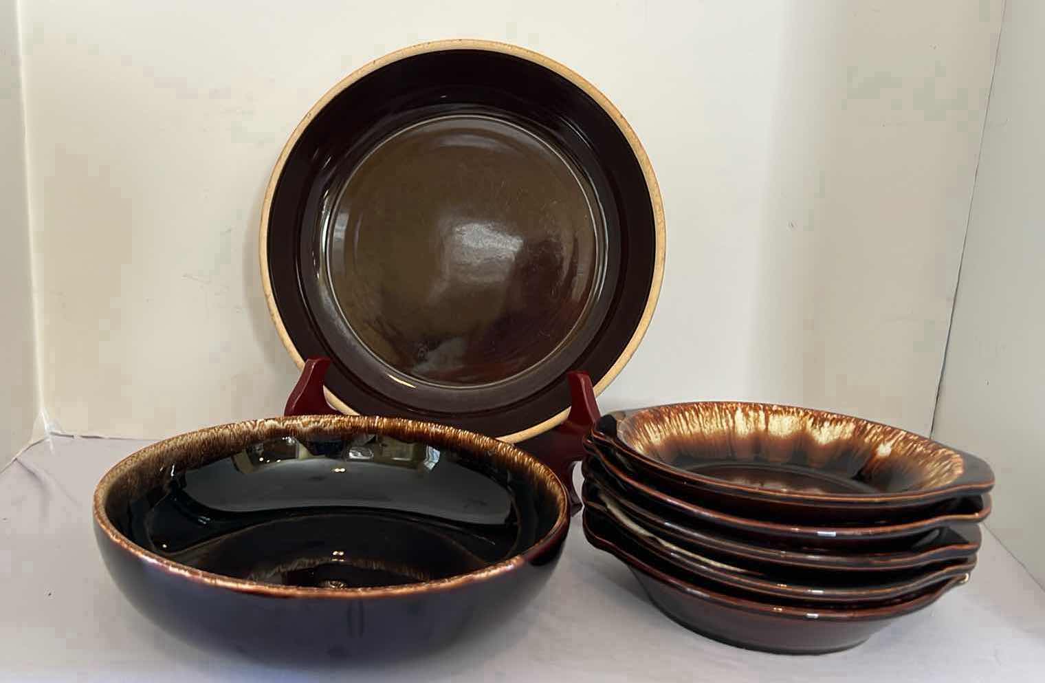 Photo 1 of 7-VINTAGE STONEWARE GOURMET BROWN DRIP GLAZE PIE PLATE, SERVING BOWL & 5-CEREAL BOWLS