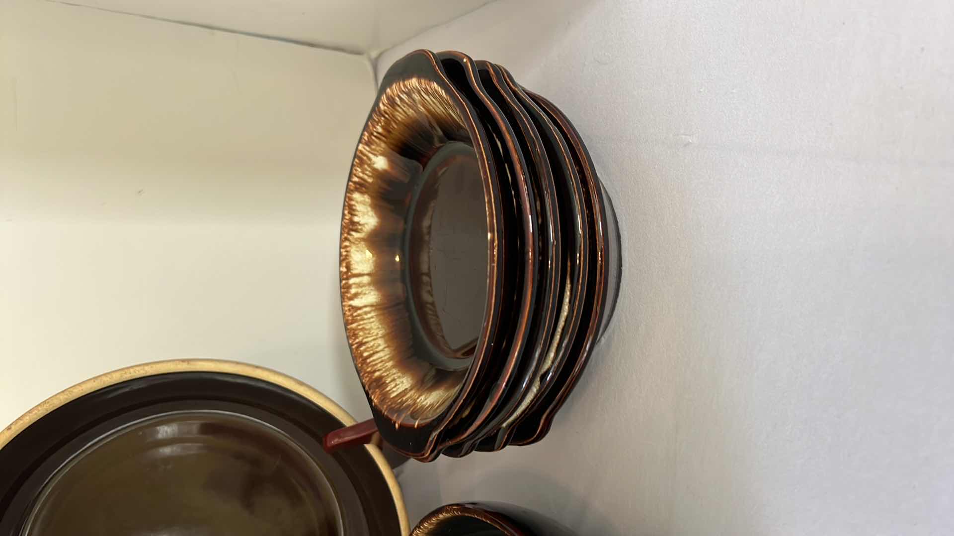 Photo 3 of 7-VINTAGE STONEWARE GOURMET BROWN DRIP GLAZE PIE PLATE, SERVING BOWL & 5-CEREAL BOWLS