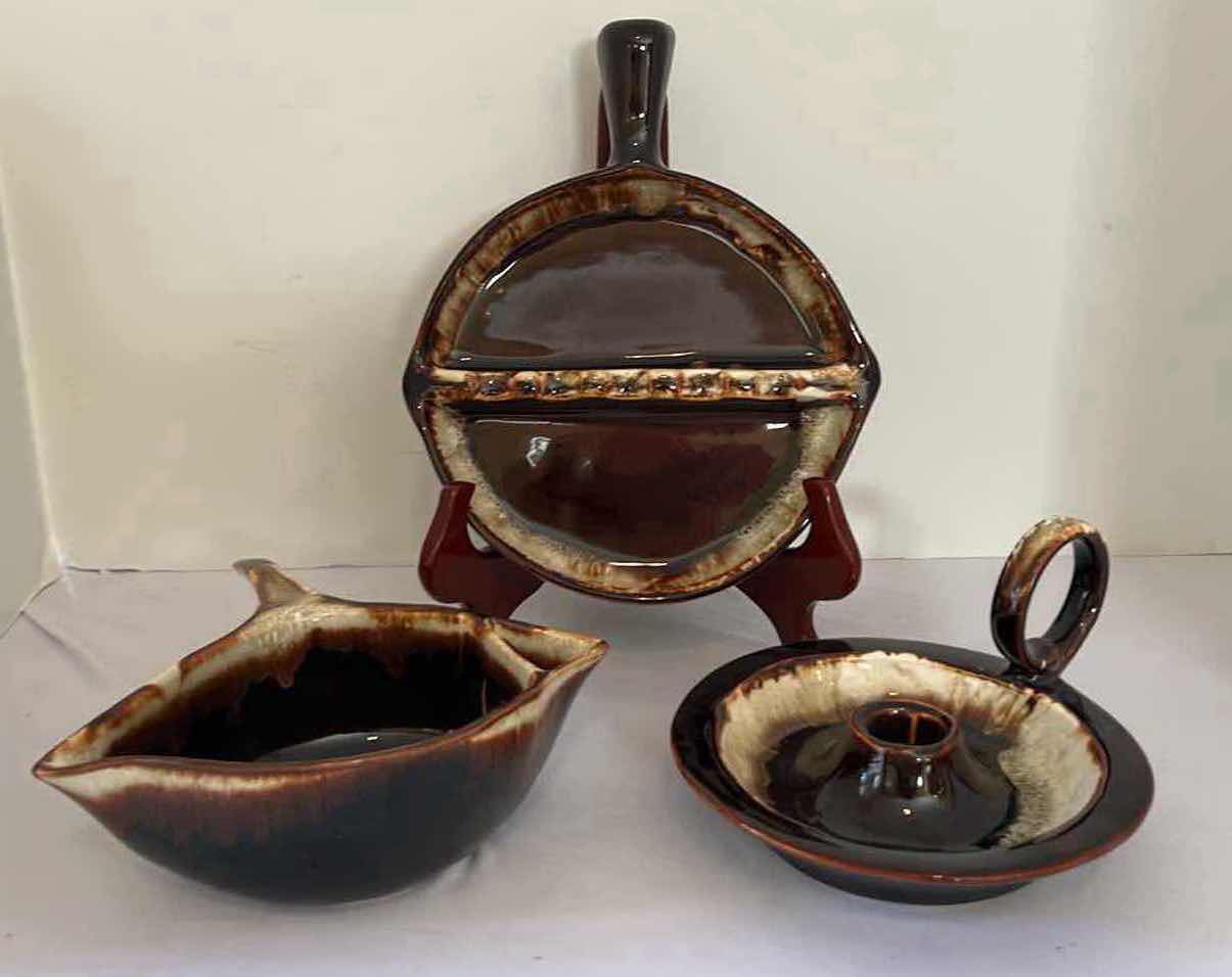 Photo 1 of 3-VINTAGE PFALTZGRAFF GOURMET BROWN DRIP GLAZE GRAVY BOAT, CANDLEHOLDER & SERVING DISH