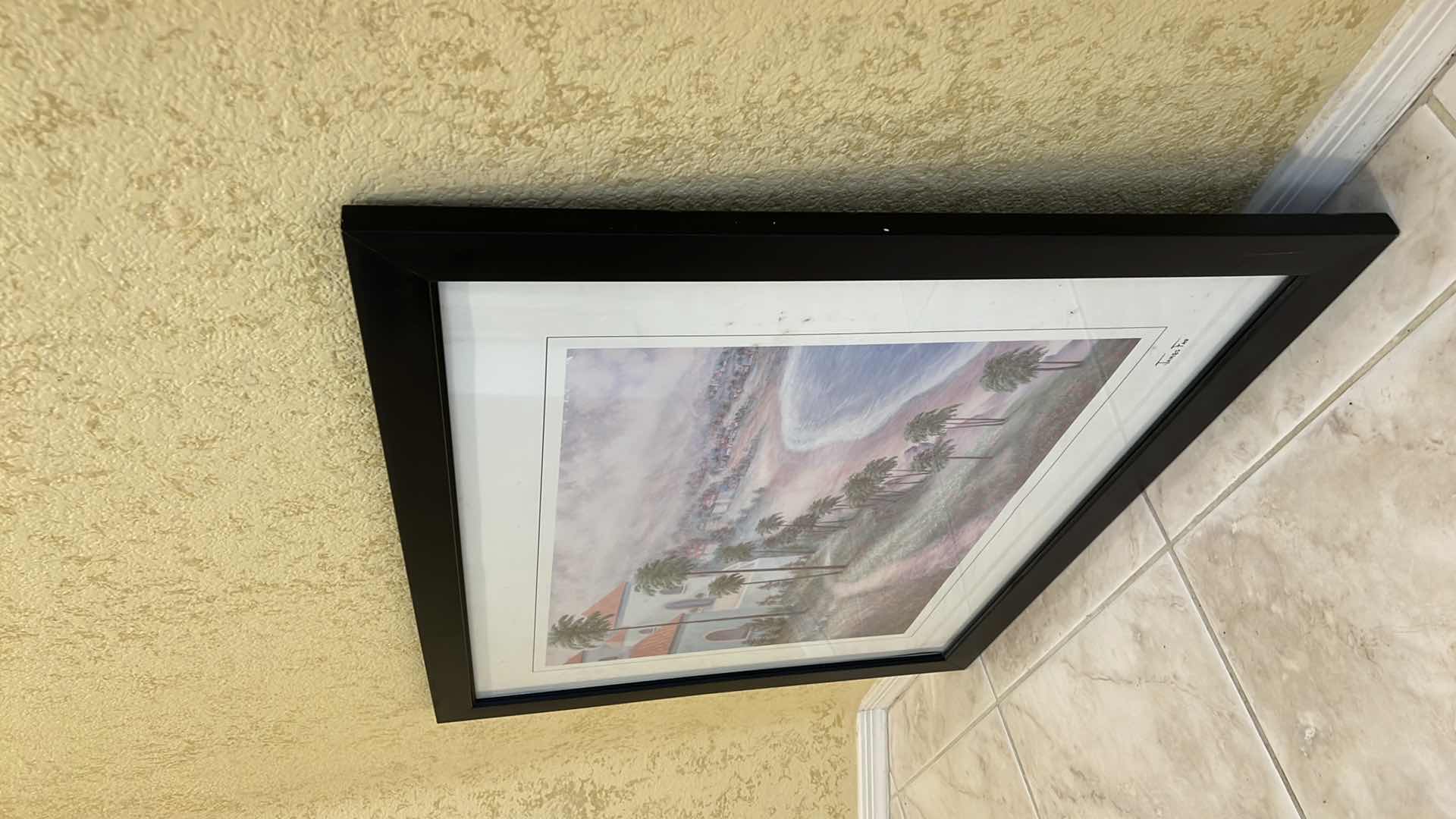 Photo 2 of BLACK FRAMED "TROPICAL ISLAND BEACH" ARTWORK SIGNED BY ARTIST 31" x 25"