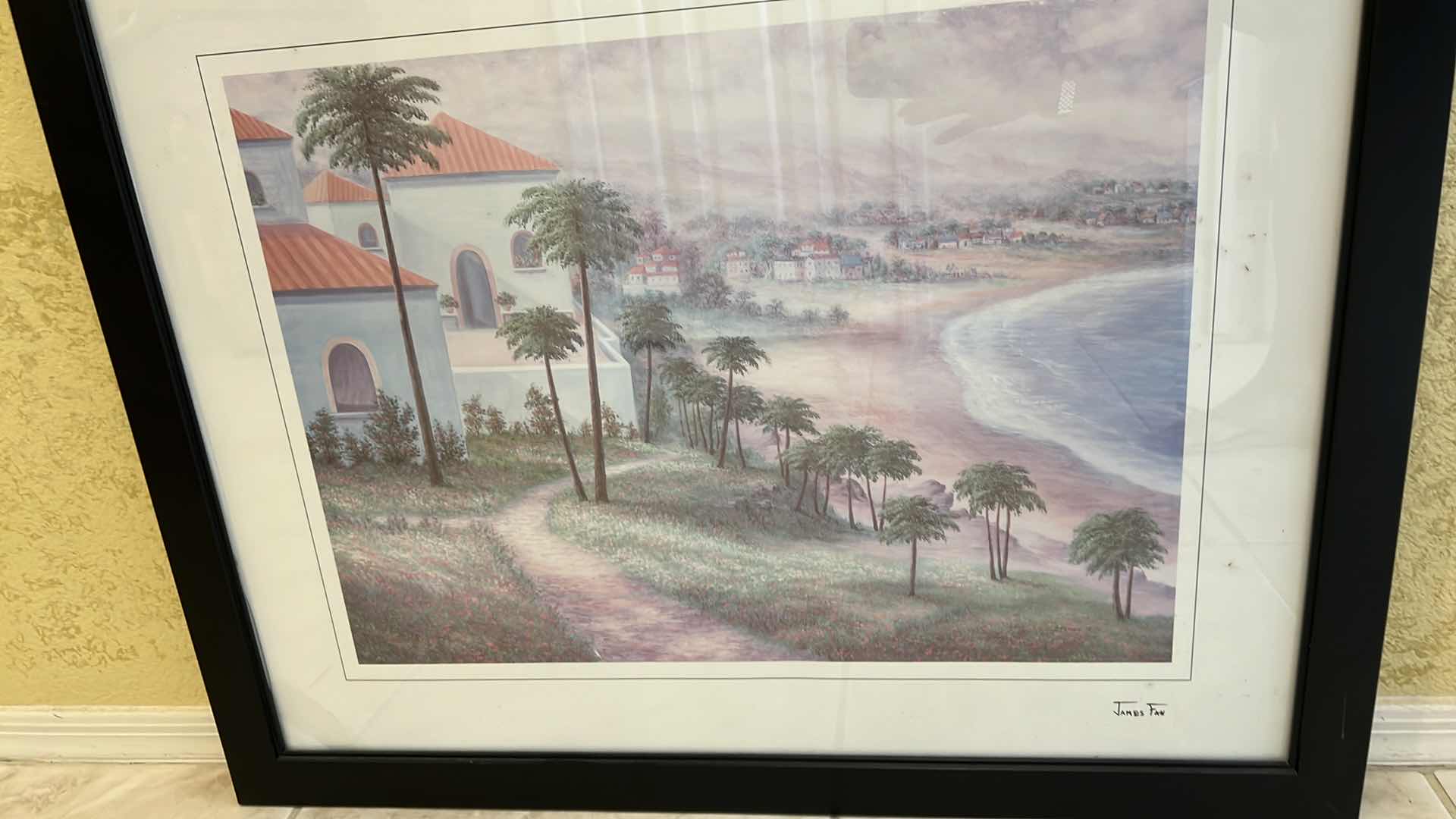 Photo 3 of BLACK FRAMED "TROPICAL ISLAND BEACH" ARTWORK SIGNED BY ARTIST 31" x 25"