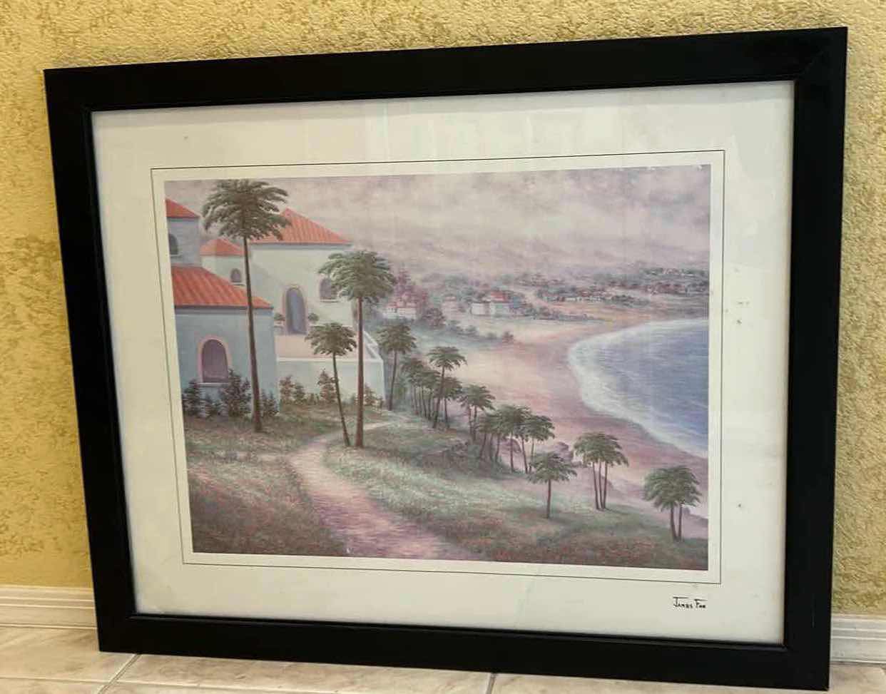 Photo 1 of BLACK FRAMED "TROPICAL ISLAND BEACH" ARTWORK SIGNED BY ARTIST 31" x 25"