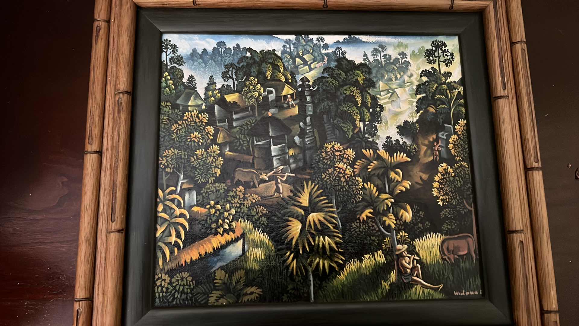 Photo 6 of 2-CANE WOOD FRAMED "TROPICAL PARADISE" ARTIST SIGNED ARTWORKS 13" x 12"