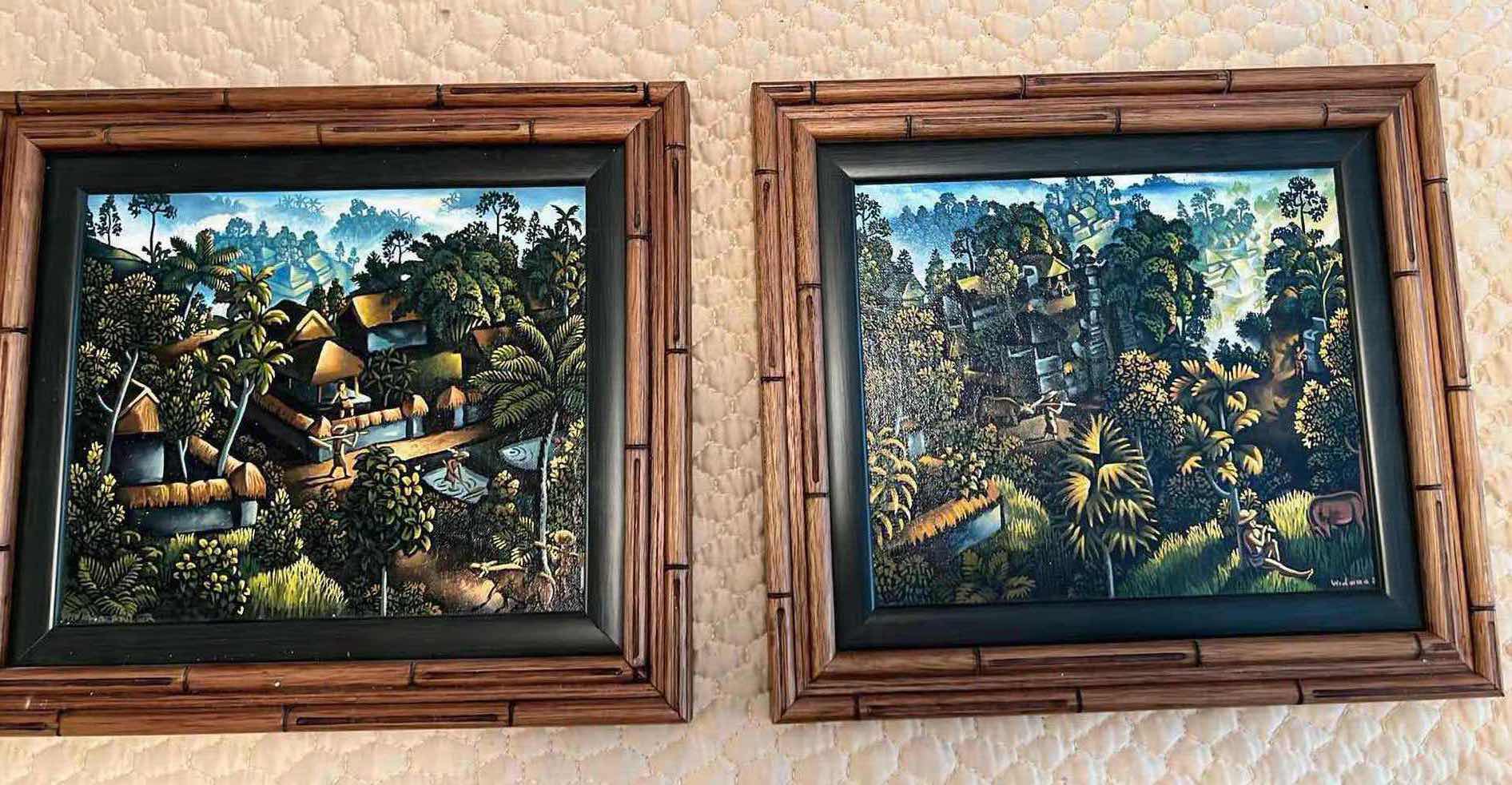 Photo 1 of 2-CANE WOOD FRAMED "TROPICAL PARADISE" ARTIST SIGNED ARTWORKS 13" x 12"