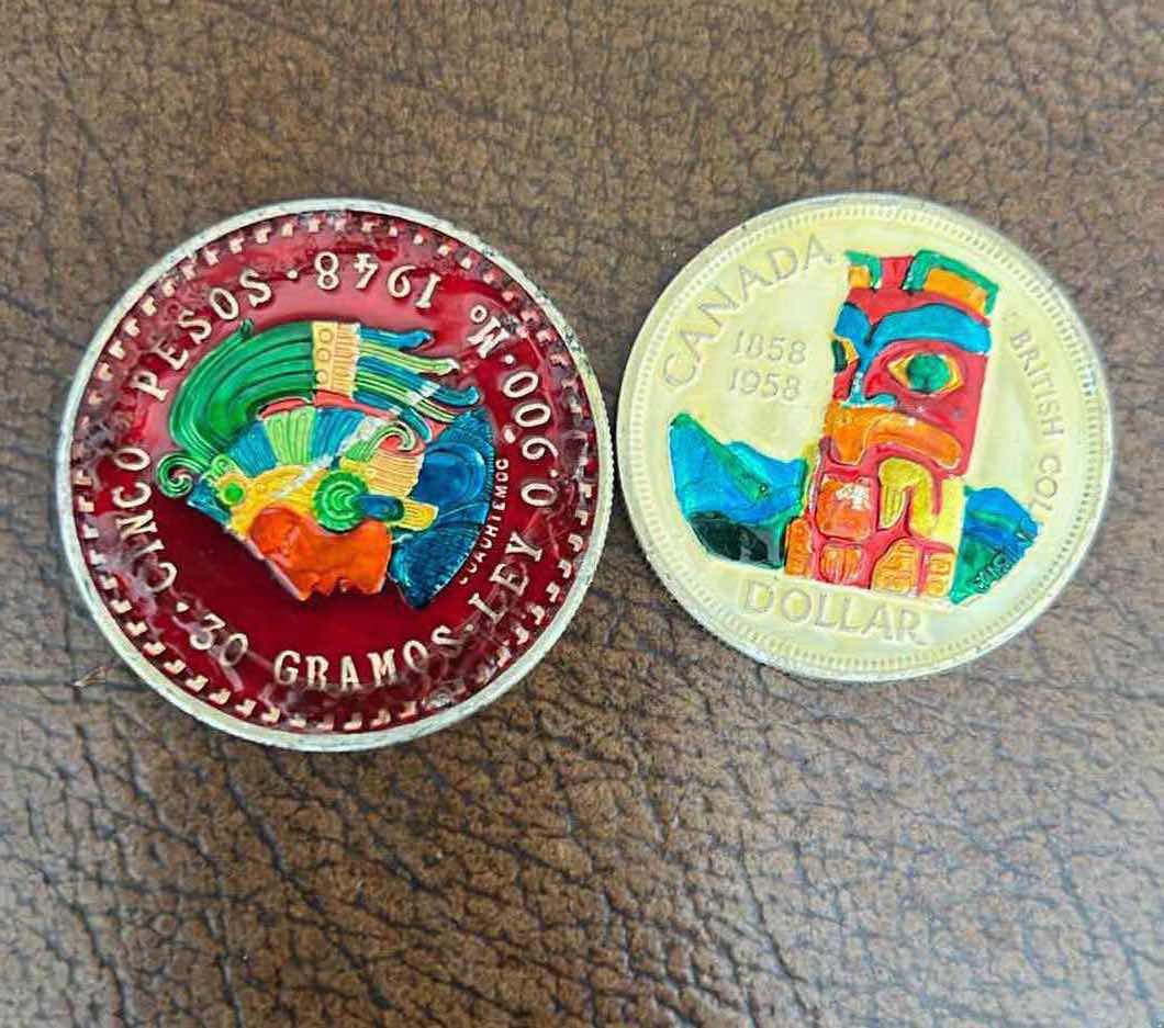 Photo 1 of 2-COLLECTIBLE FOREIGN COINS (1948 5 PECOS MEXICO, 1958 CANADA 100TH ANNIVERSARY $1)