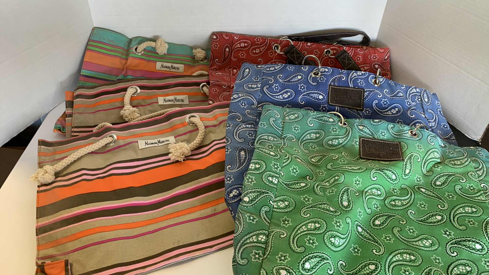 Photo 1 of 6-NEIMAN MARCUS COTTON LADIES TOTE BAGS  (3 PAISLEY & 3 STRIPED)