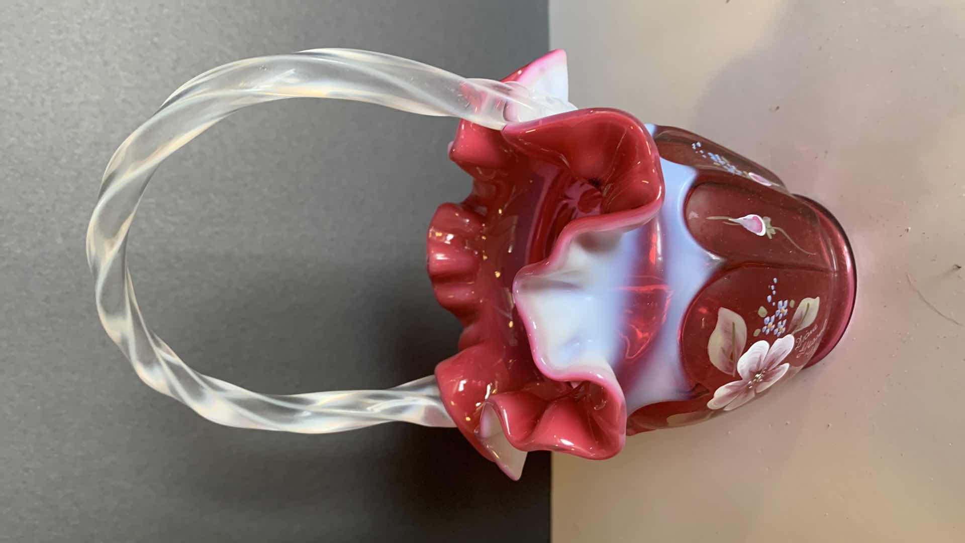 Photo 1 of FENTON CRANBERRY OPALESCENT HAND PAINTED VASE 9” TALL