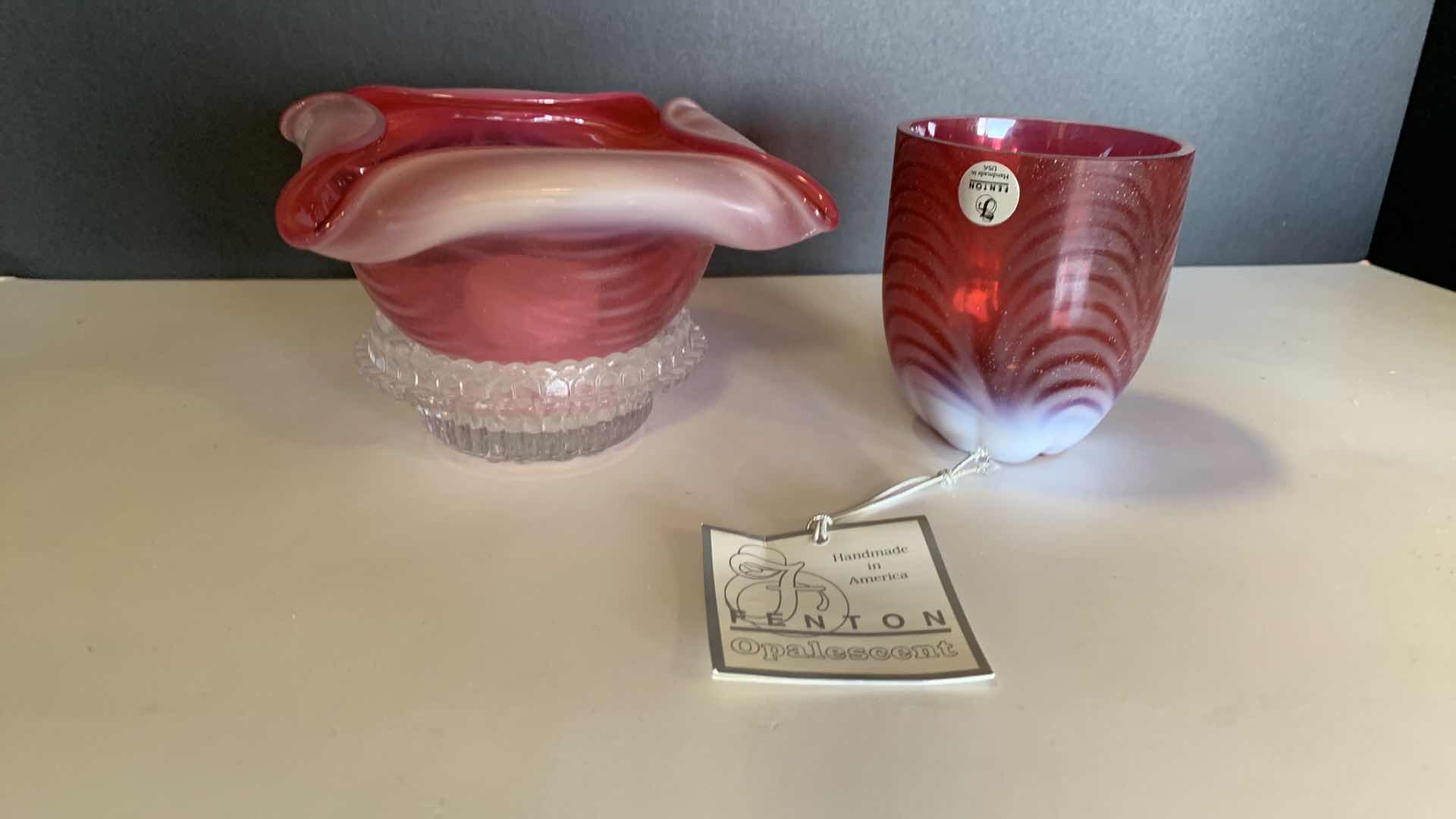 Photo 2 of 2-VINTAGE FENTON CRANBERRY OPALESCENT GLASS W SWIRL DRAPE BASE  (FAIRLY LAMP & SMALL VASE)