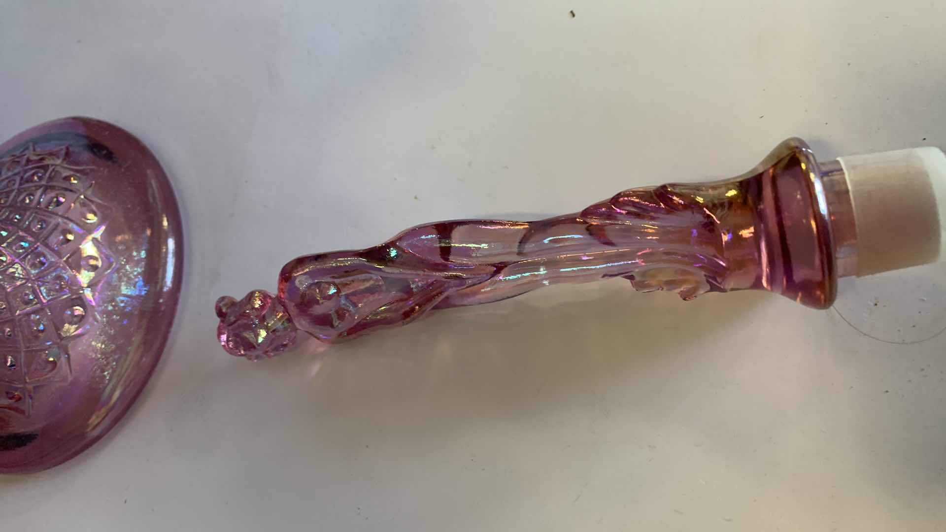 Photo 3 of FENTON PINK IRIDESCENT CARNIVAL GLASS "SEPTEMBER MORN NYMPH"  IN BOWL H9.5"