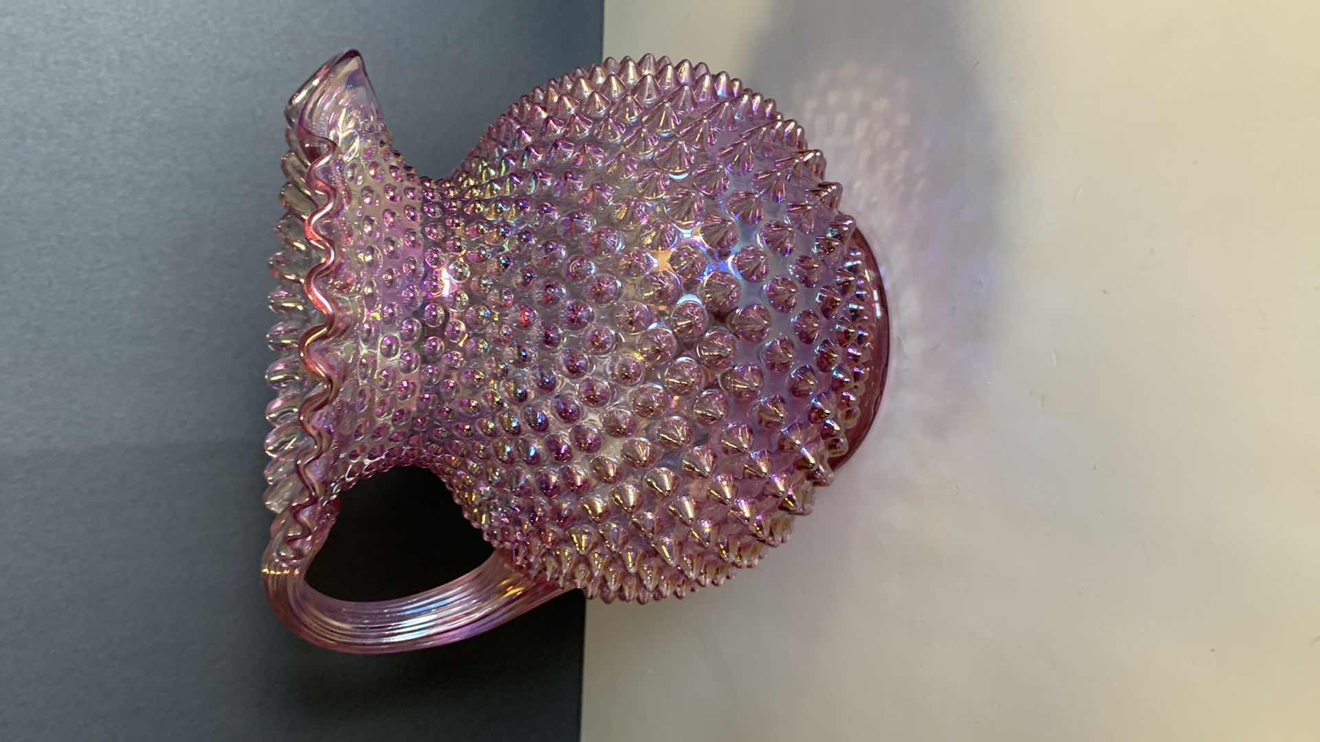 Photo 1 of 1992 FENTON PINK IRIDESCENT CARNIVAL HOBNAIL GLASS PITCHER H8"