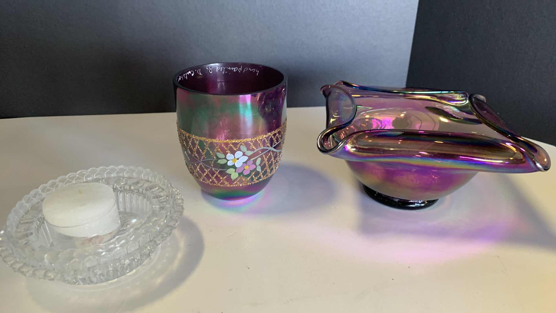 Photo 1 of 2 PCS- VINTAGE FENTON PURPLE DRAPE IRIDESCENT CARNIVAL GLASS, CRYSTAL CLEAR GLASS CANDLE HOLDER