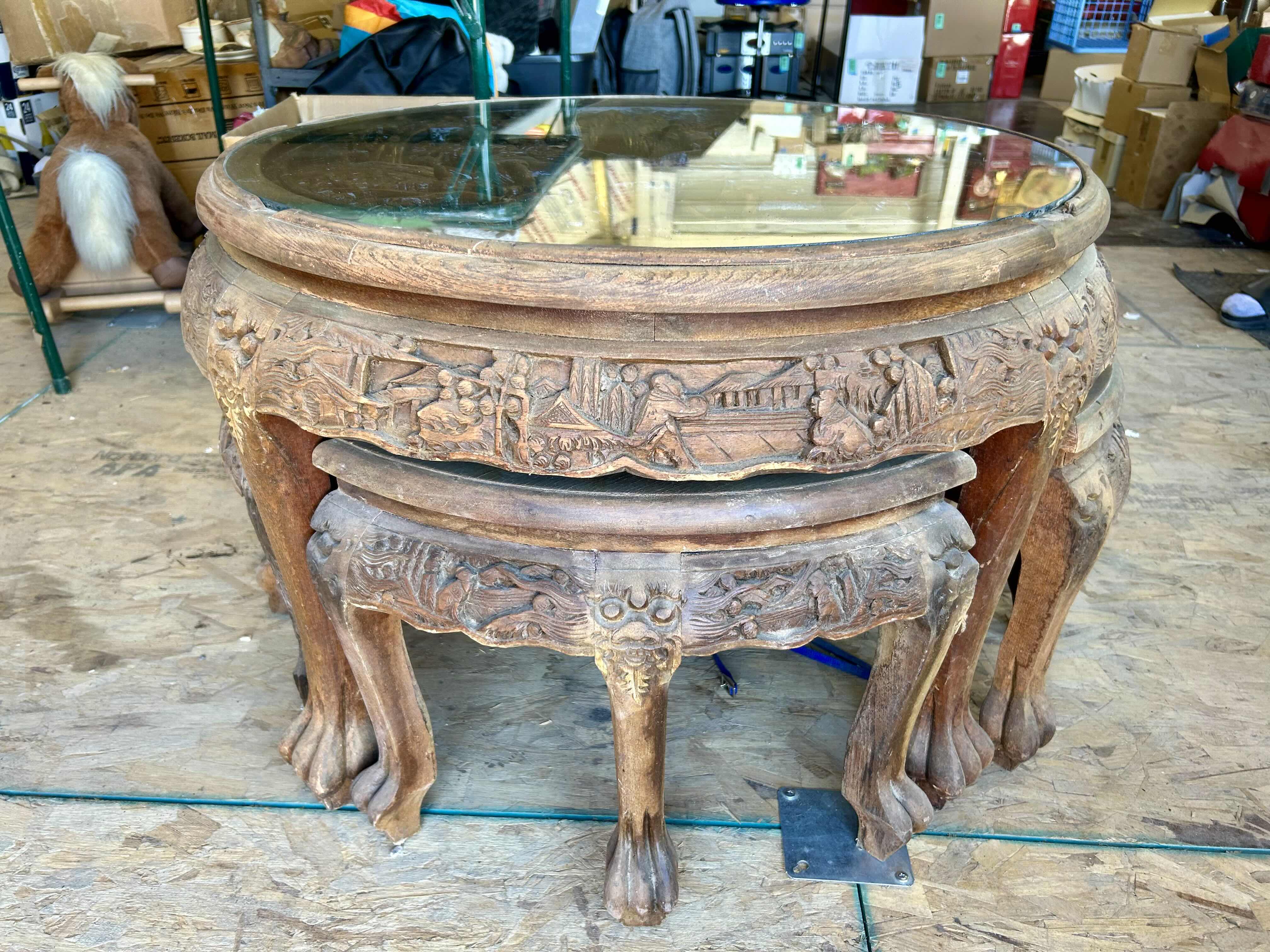 Photo 1 of 29" ROUND CHINESE CARVED WOOD COFFEE TABLE W NESTING STOOLS & GLASS TOP
