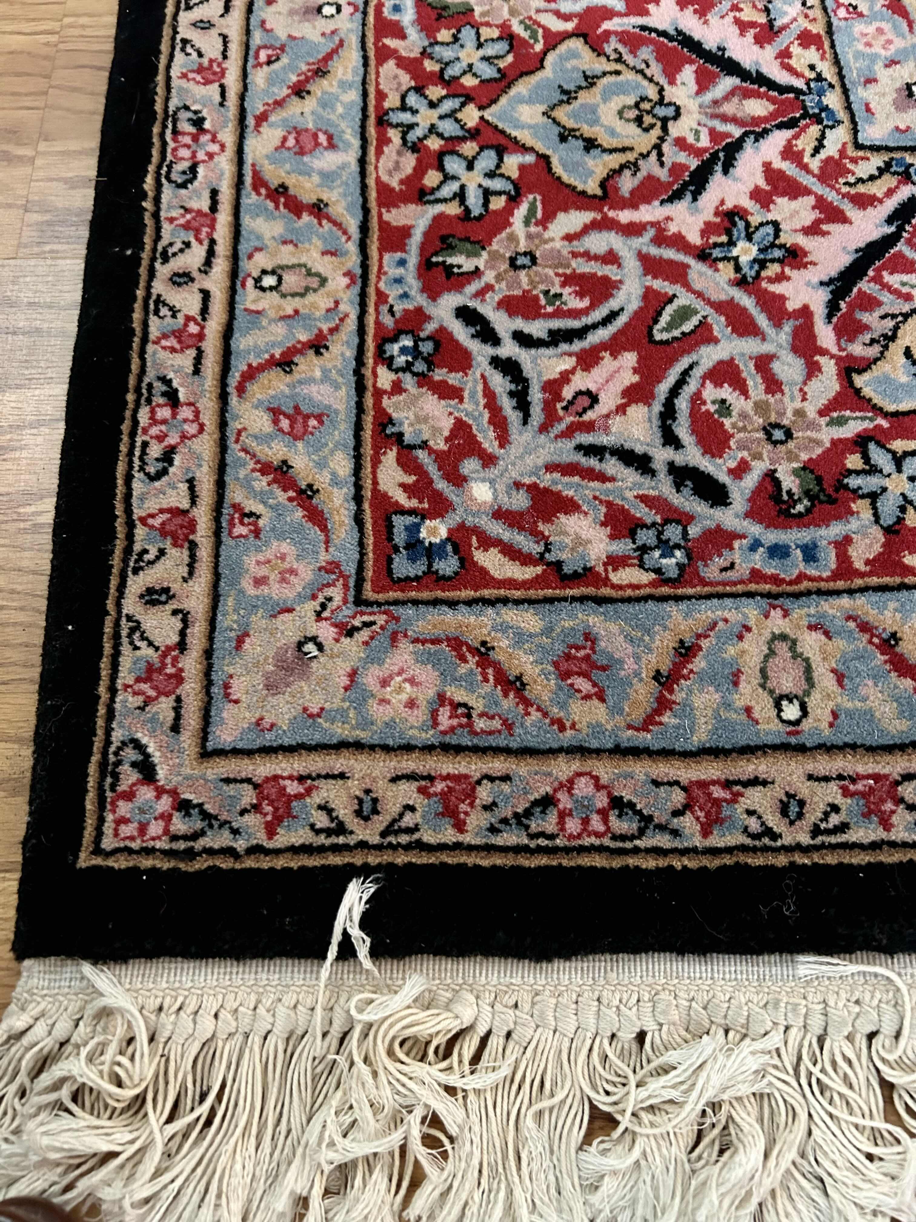 Photo 2 of BLACK W BURGUNDY FRAYED EDGE AREA RUG  81” X 117” 