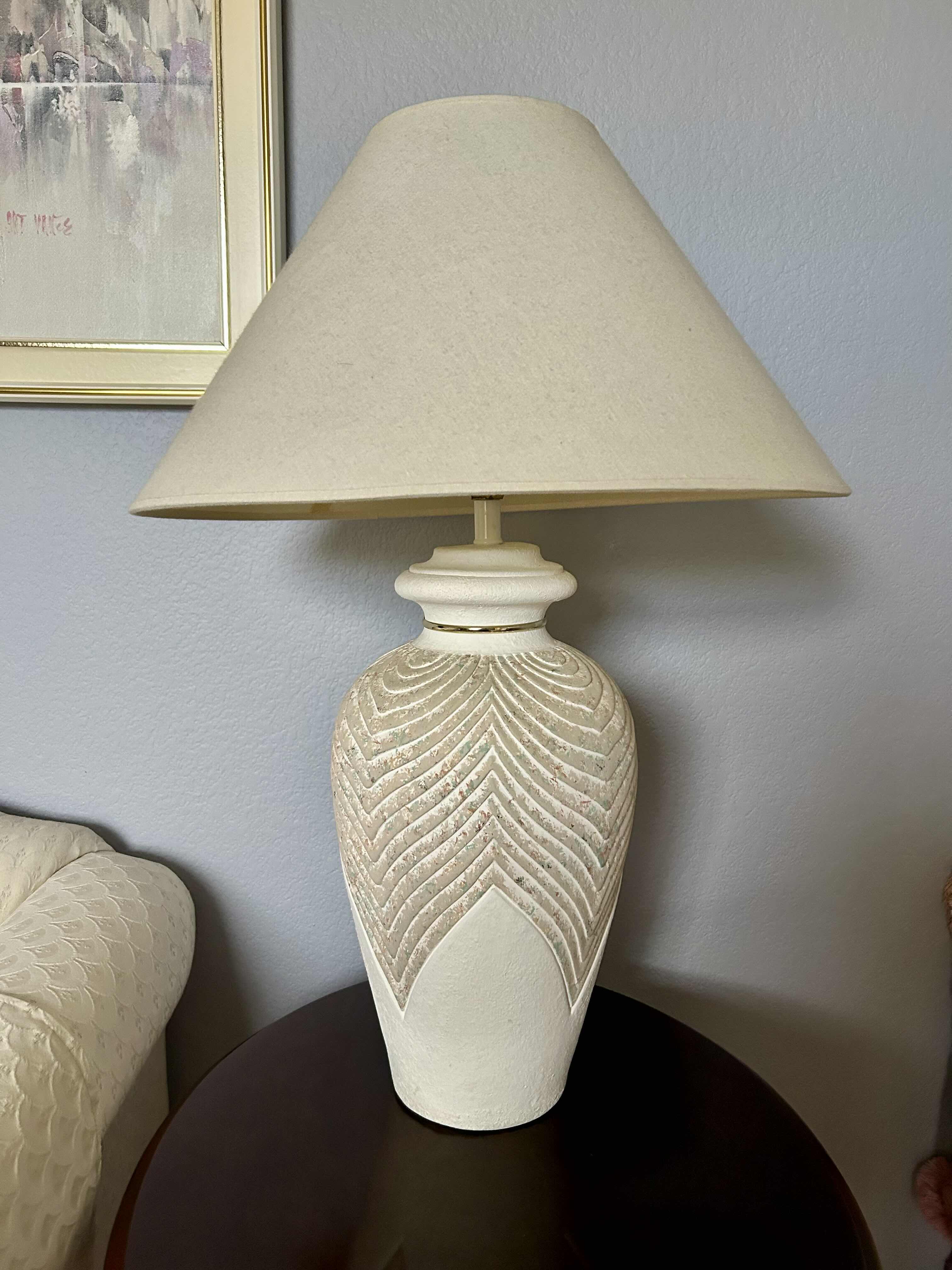 Photo 1 of CARVED CERAMIC  TABLE LAMP W SHADE  H33”