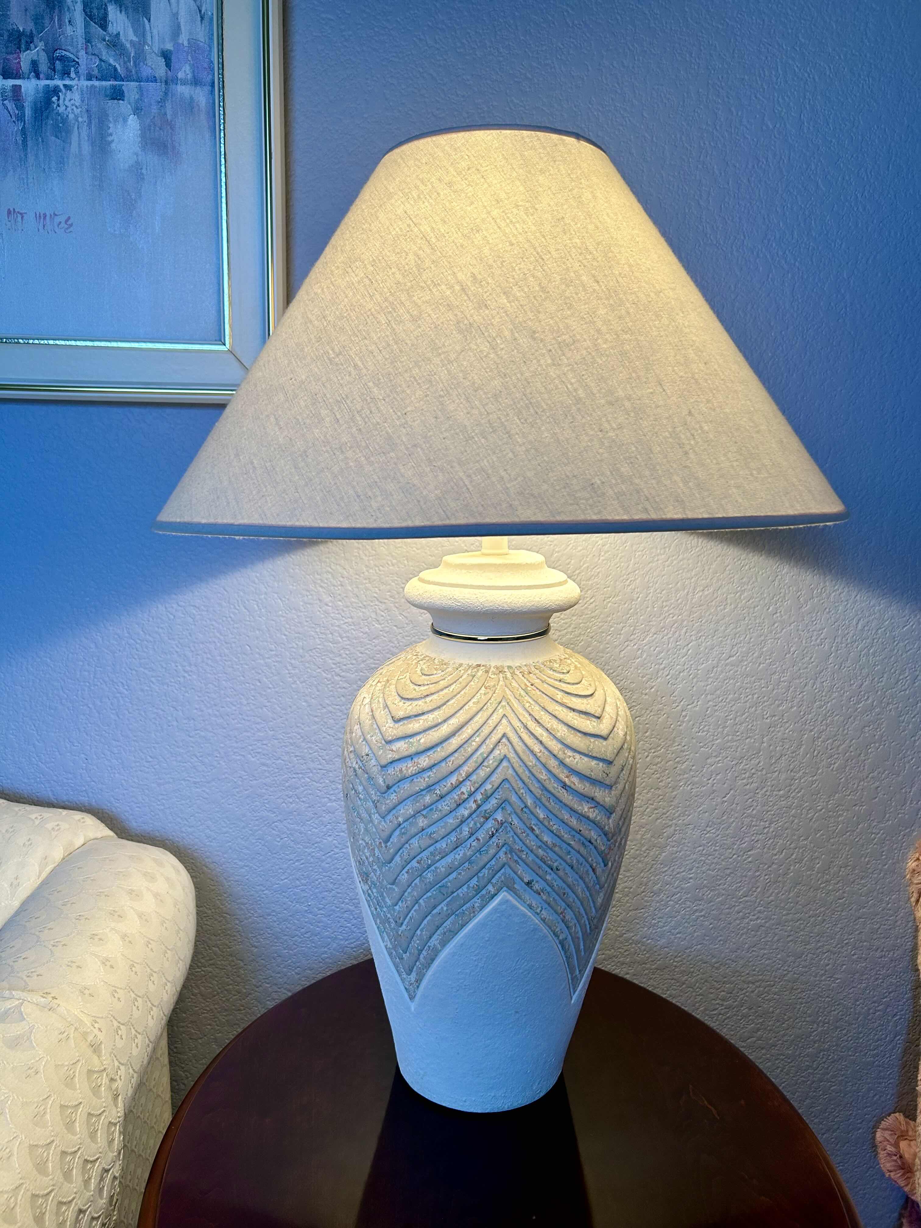 Photo 2 of CARVED CERAMIC  TABLE LAMP W SHADE  H33”