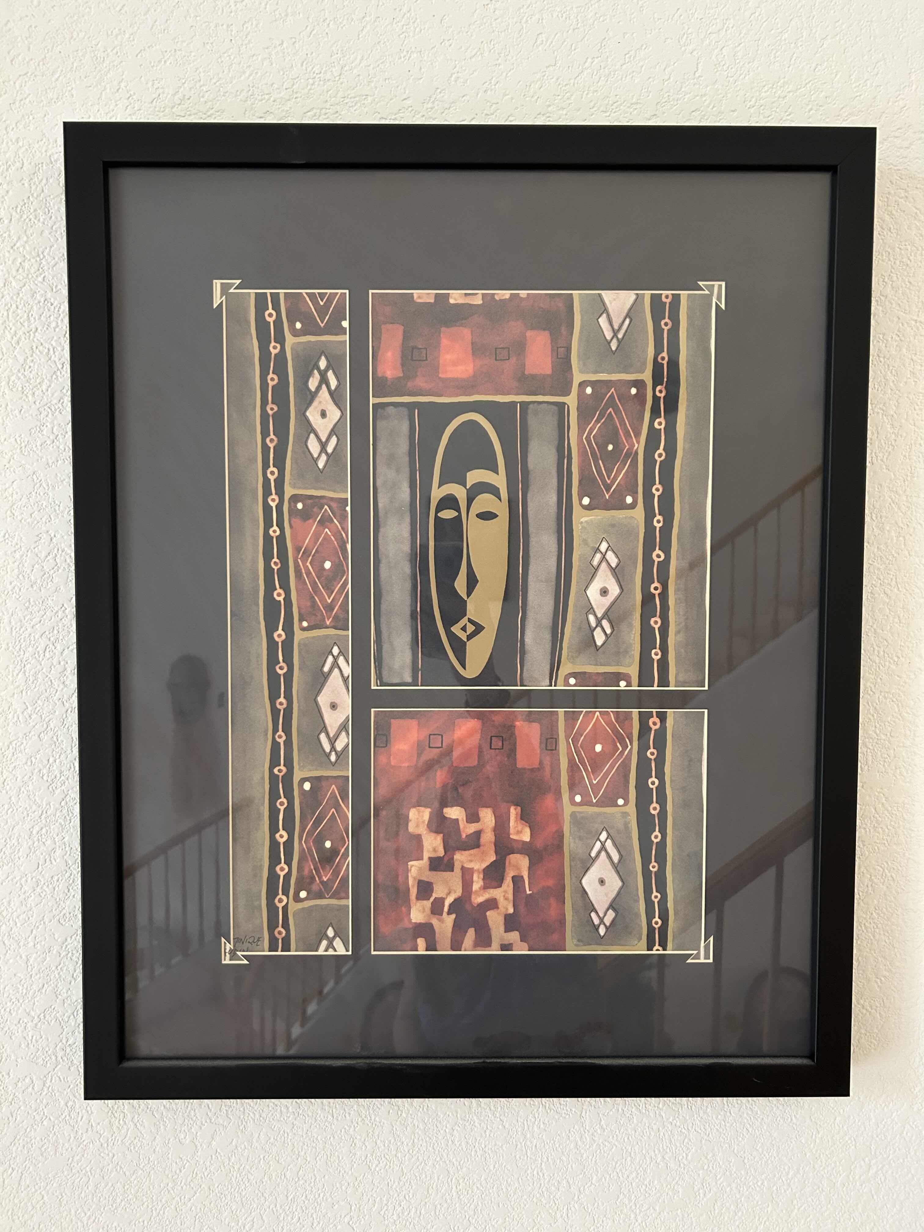 Photo 1 of BLACK FRAMED "TRIBAL MASK" BY DOMINIQUE GAUDIN ARTWORK  21” X 26”