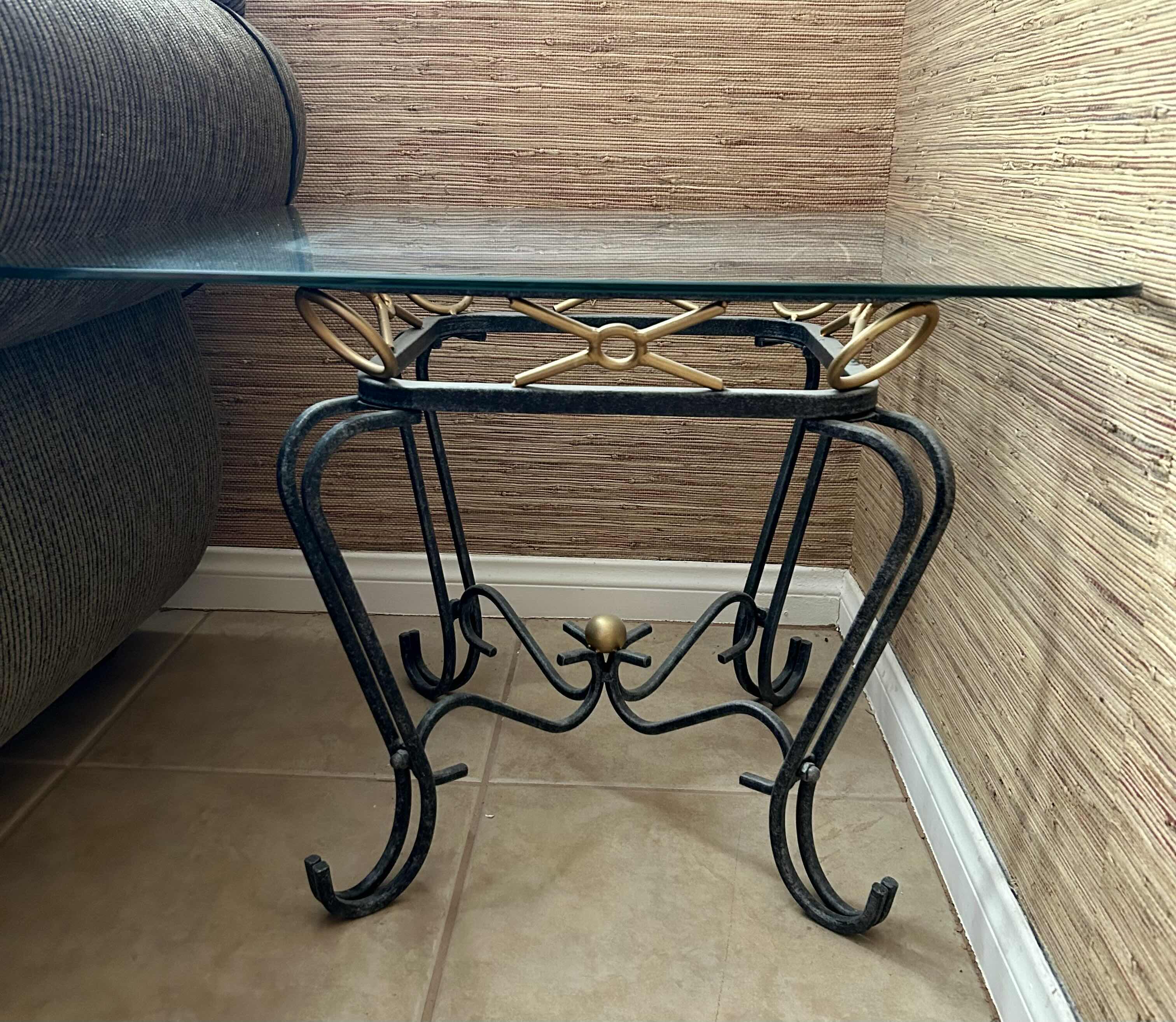 Photo 1 of END TABLE BLACK IRON W GLASS & GOLD ACCENTS 20" X 18" H17"
