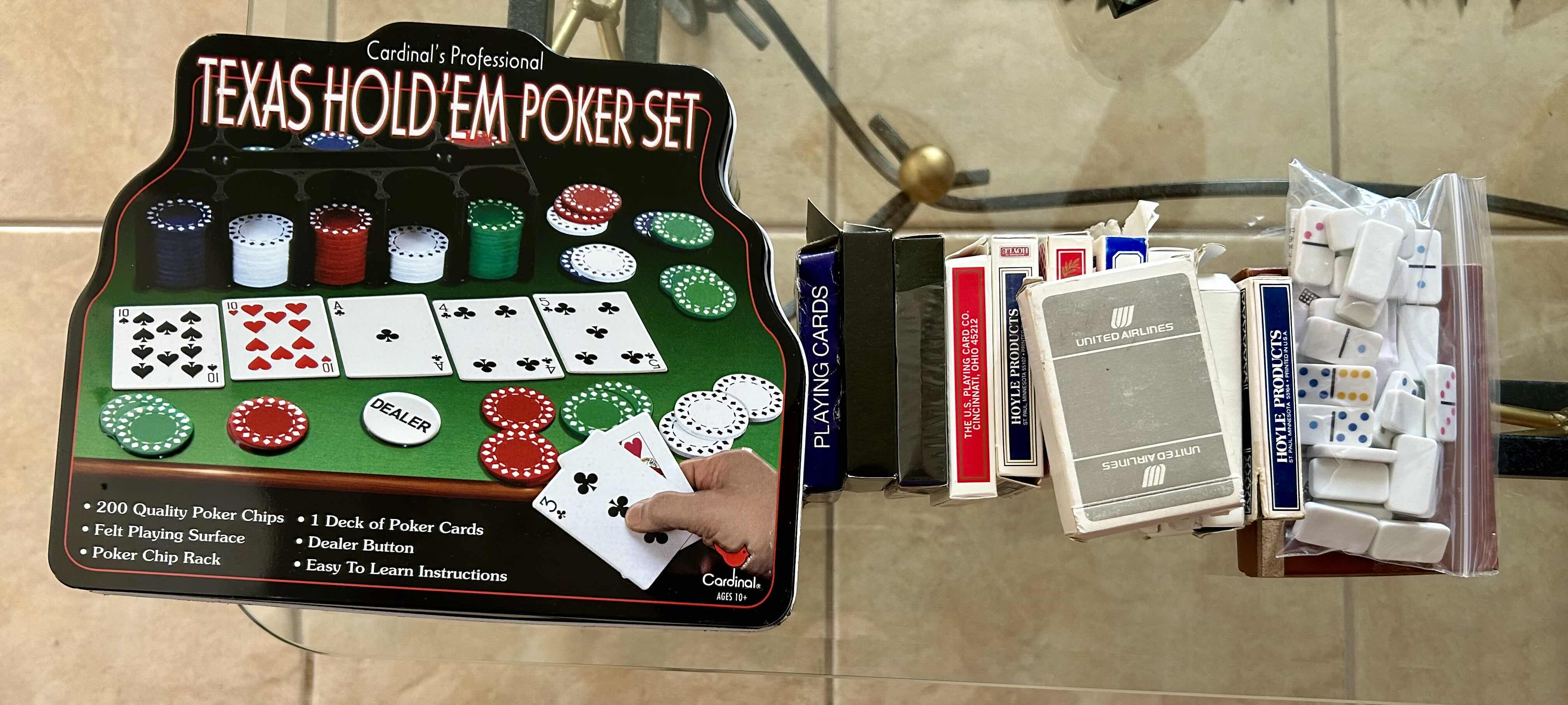 Photo 1 of COLLECTION OF POKER ITEMS: TEXAS HOLD’EM POKER SET WITH ADDITIONAL PLAYING CARDS AND BAG OF DICE